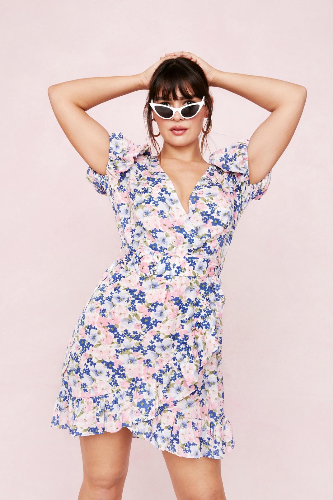 106 Plus Size Floral Belted Wrap Mini Dress image number 2