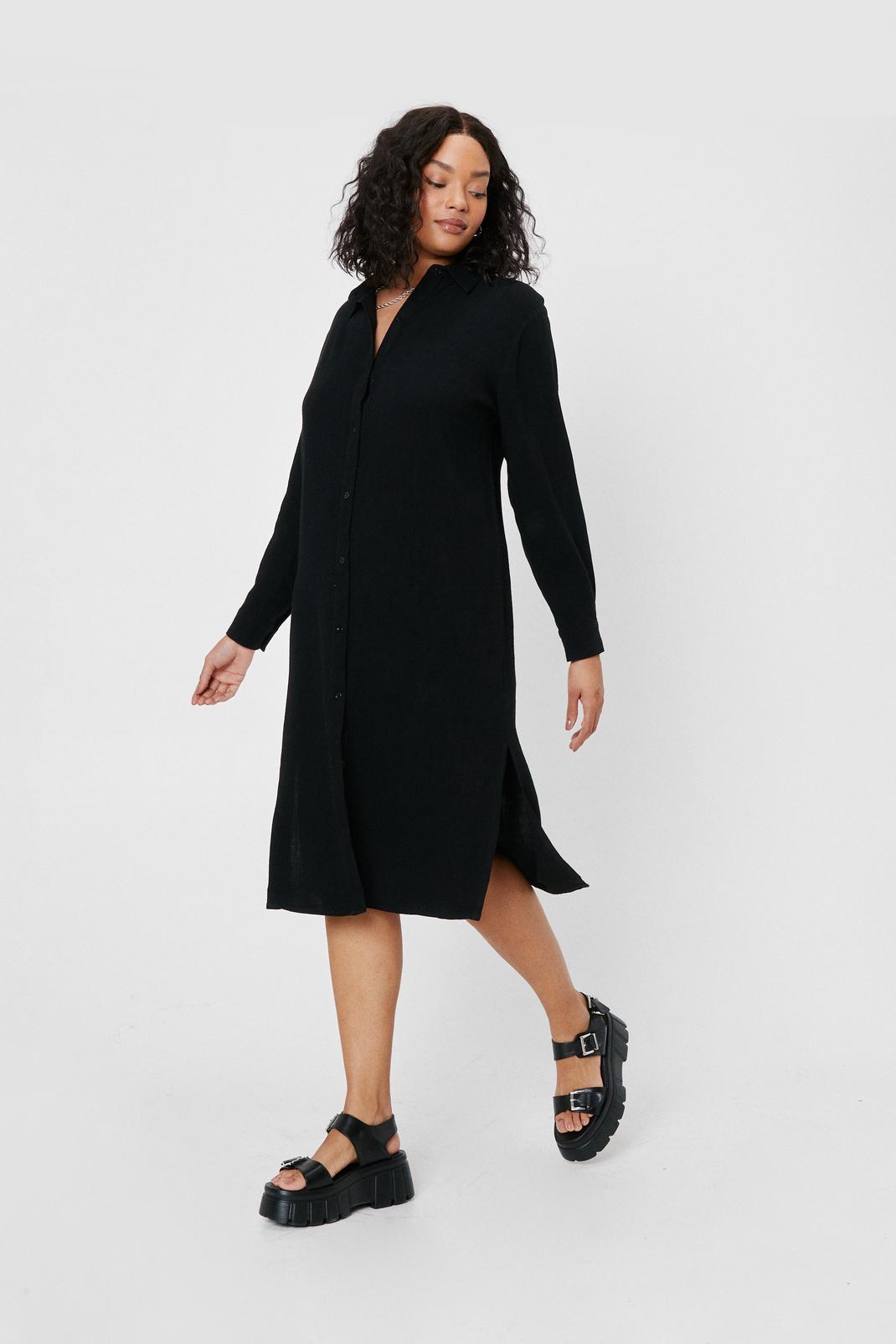 Black Plus Size Linen Look Button Down Midi Dress image number 1