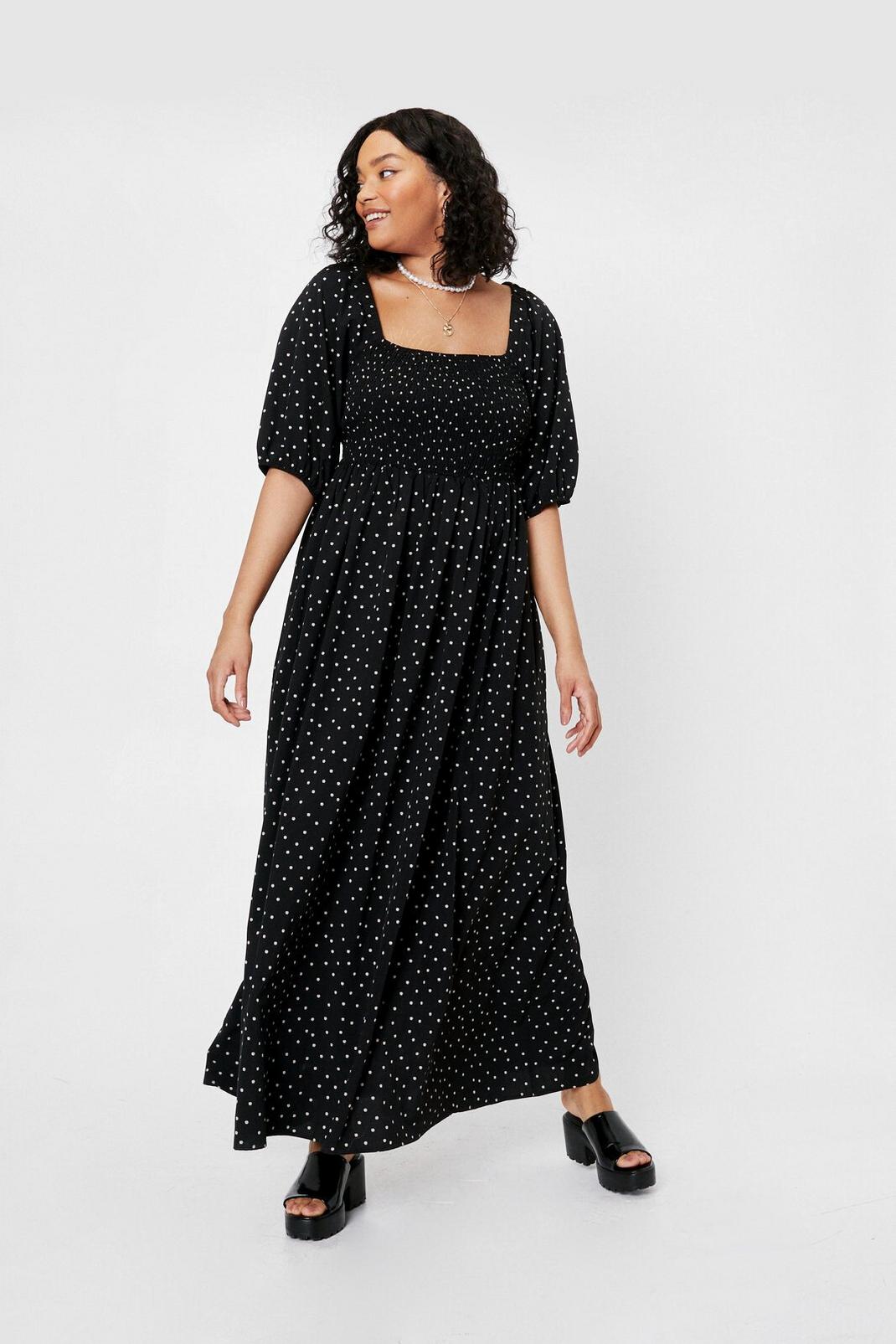 105 Plus Size Shirred Tie Back Spotty Maxi Dress image number 2