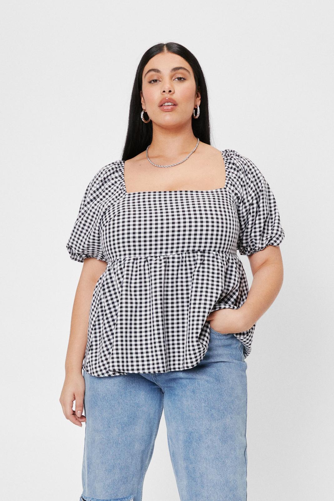 105 Plus Size Gingham Print Puff Sleeve Top image number 2