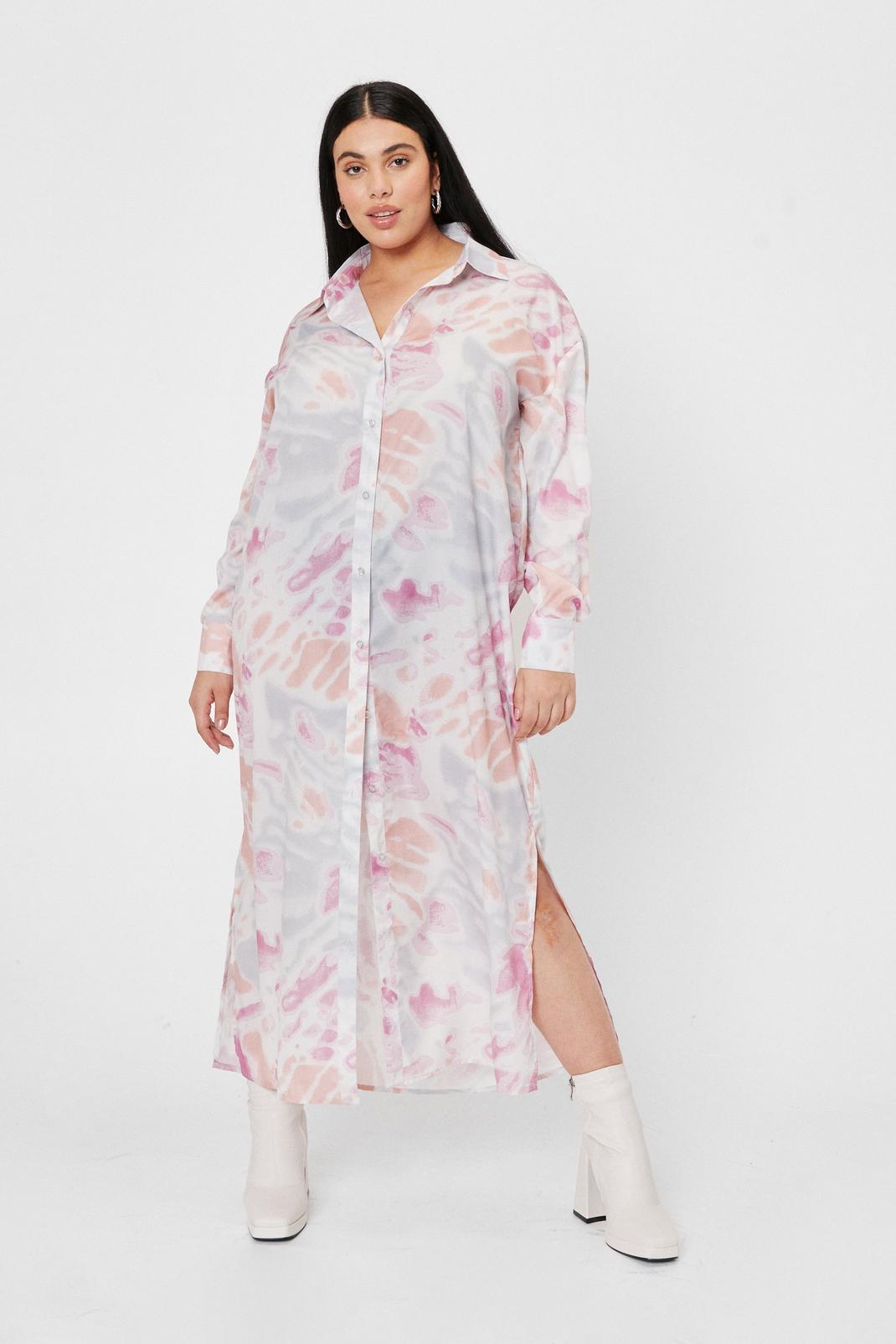Pink Plus Size Tie Dye Print Maxi Shirt Dress image number 1
