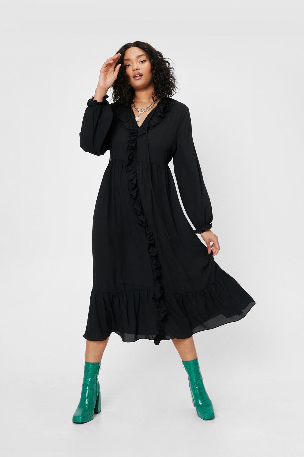 Black Plus Size Ruffle Front Midi Dress image number 1
