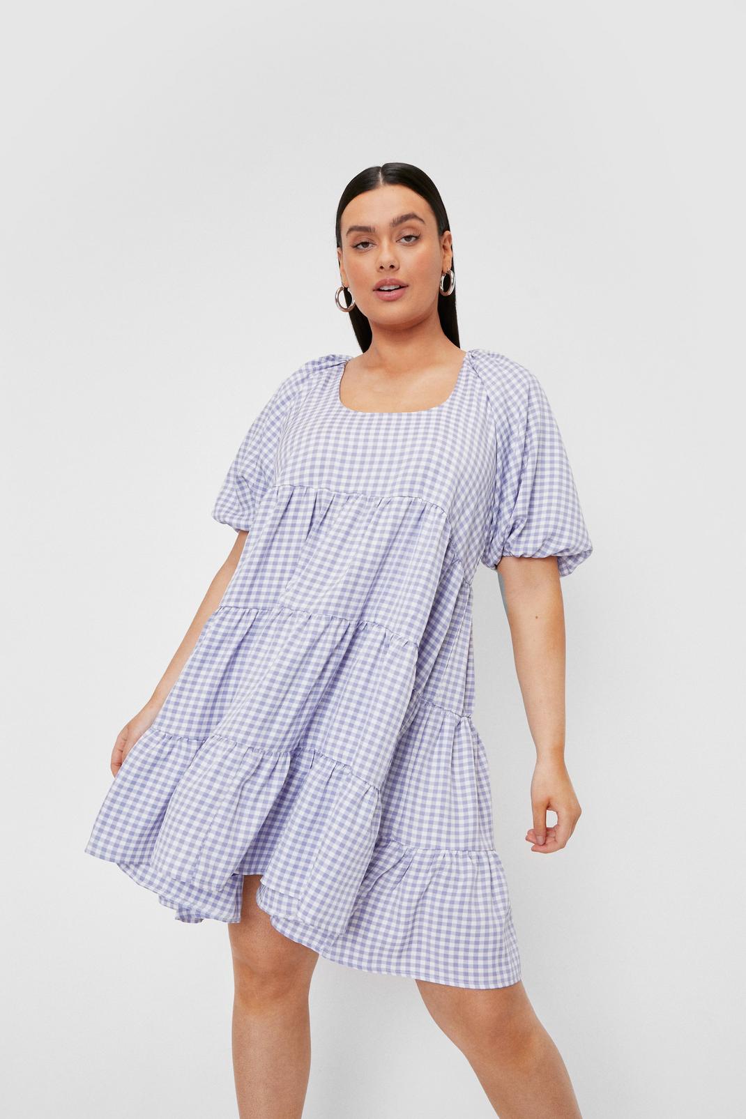 Lilac Plus Size Gingham Print Tiered Mini Dress image number 1