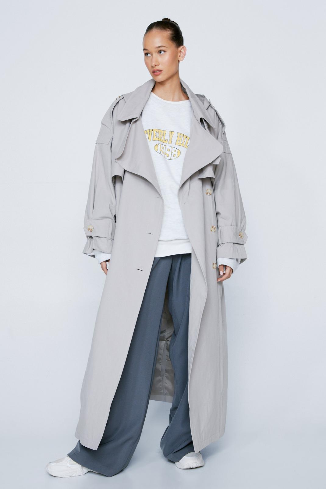 Grey Hooded Oversized Belted Trench Coat image number 1