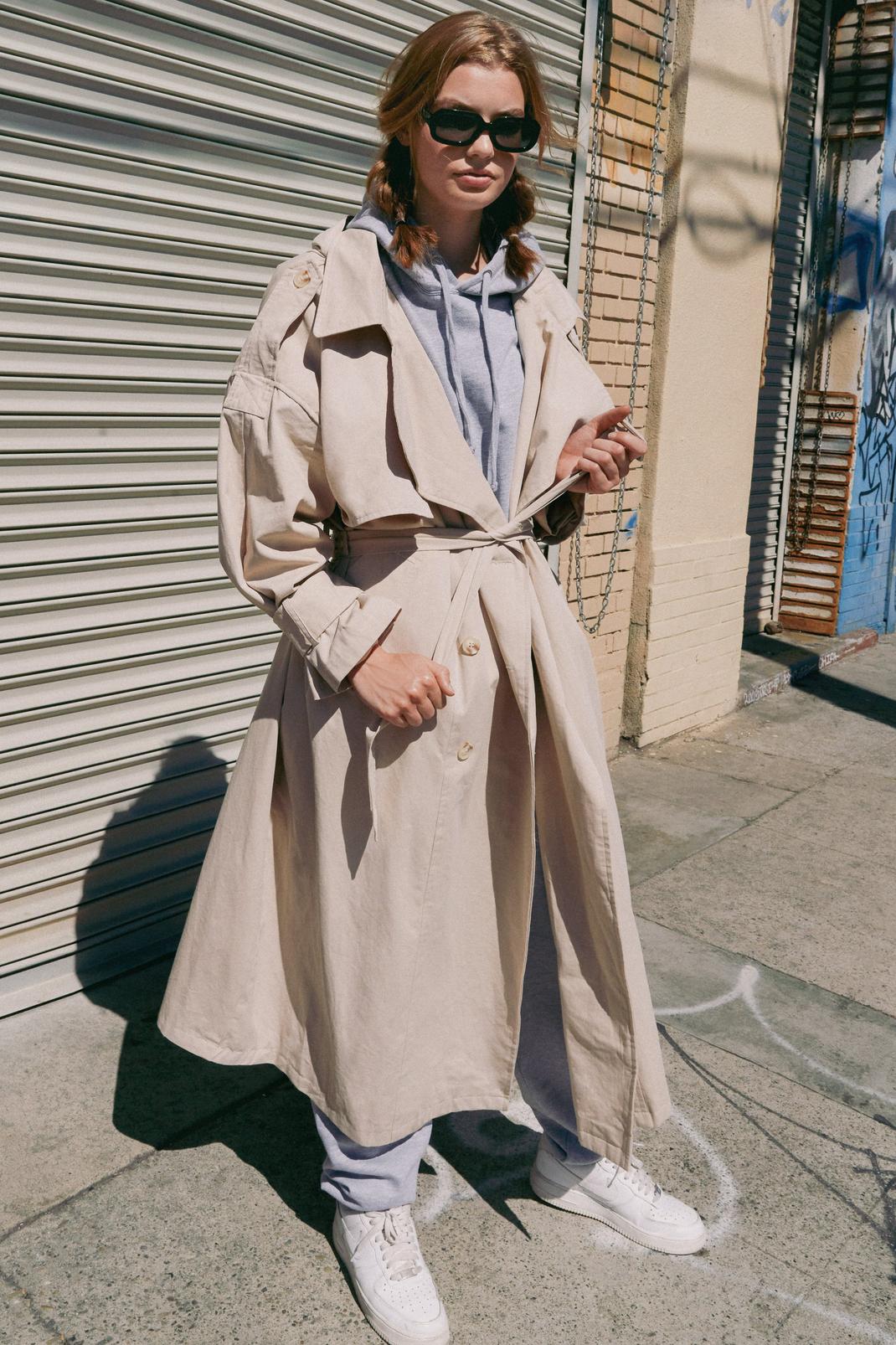 Light stone Hooded Oversized Belted Trench Coat image number 1