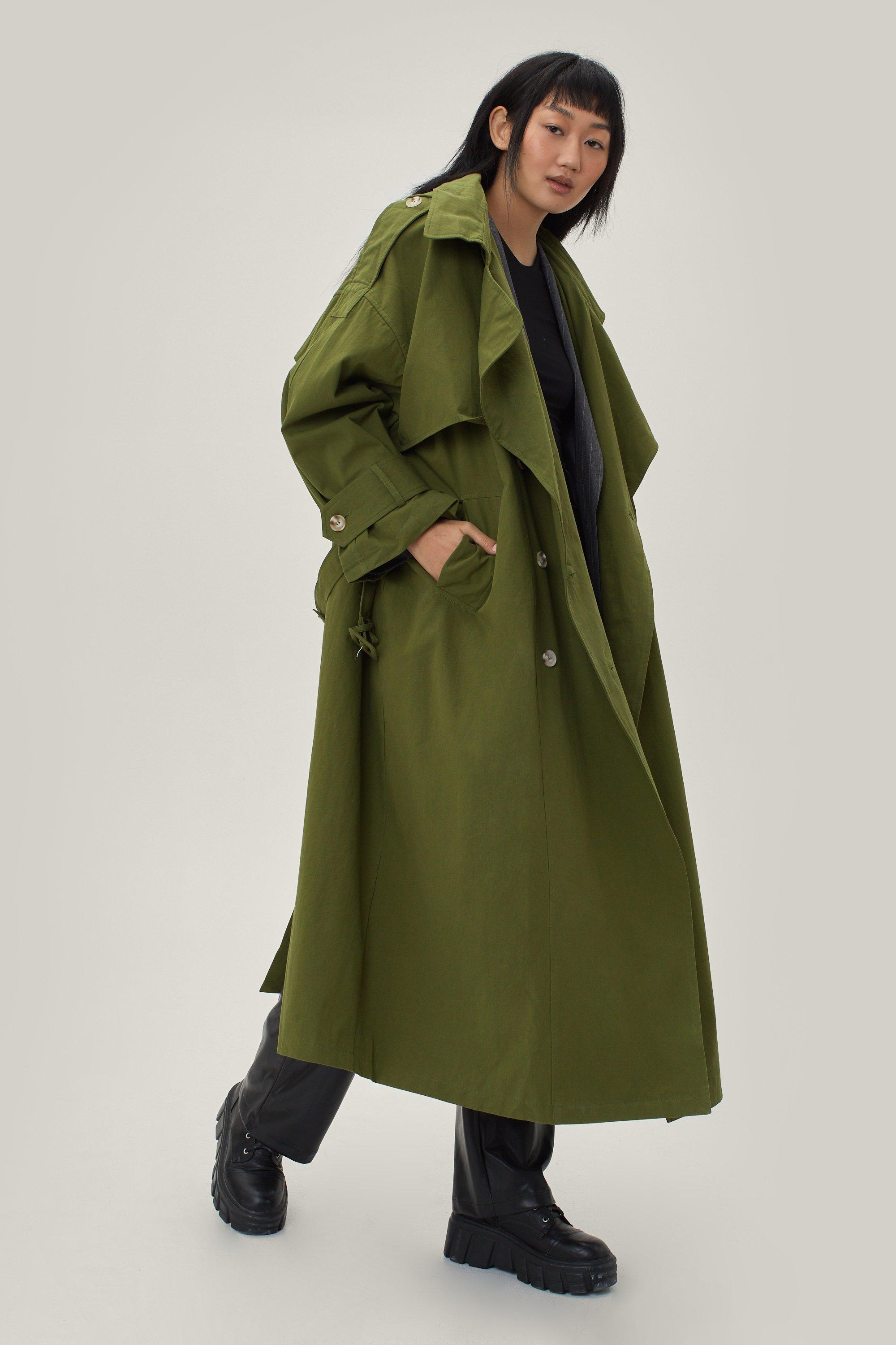 Khaki Premium Woven Hooded Oversized Trench Coat