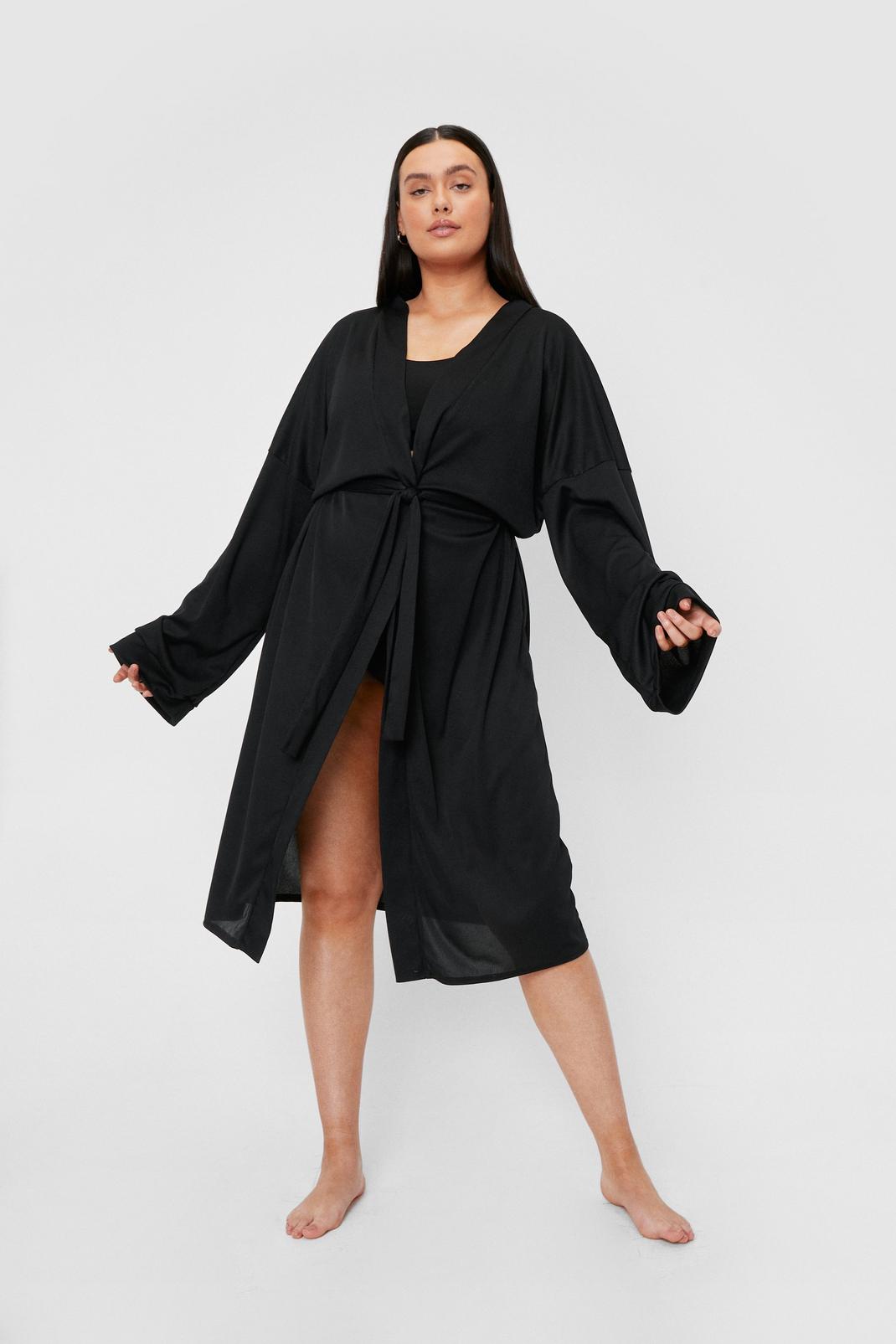 Black Plus Size Ribbed Belted Longline Dressing Gown image number 1