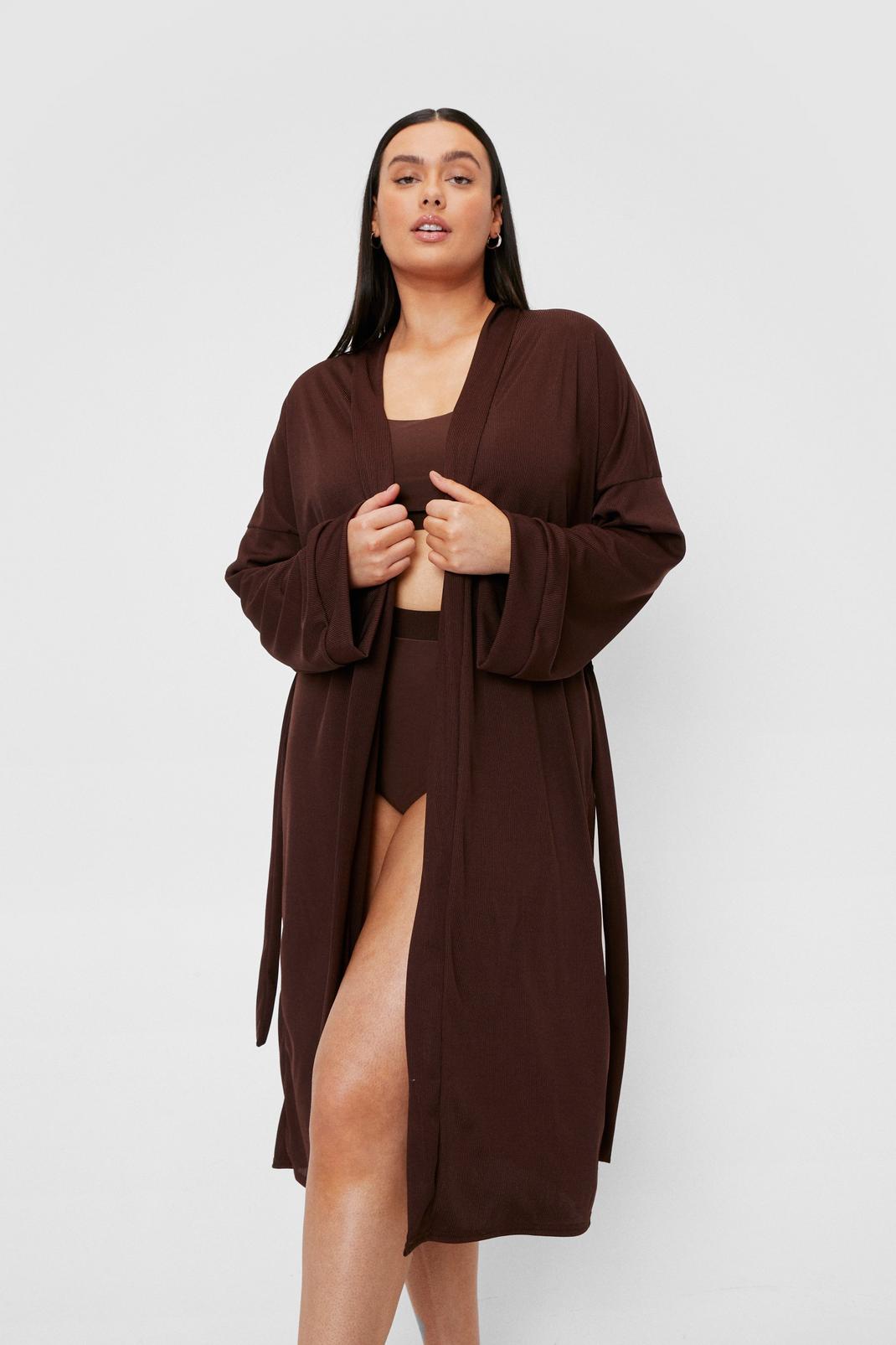 Chocolate Plus Size Ribbed Belted Longline Dressing Gown image number 1