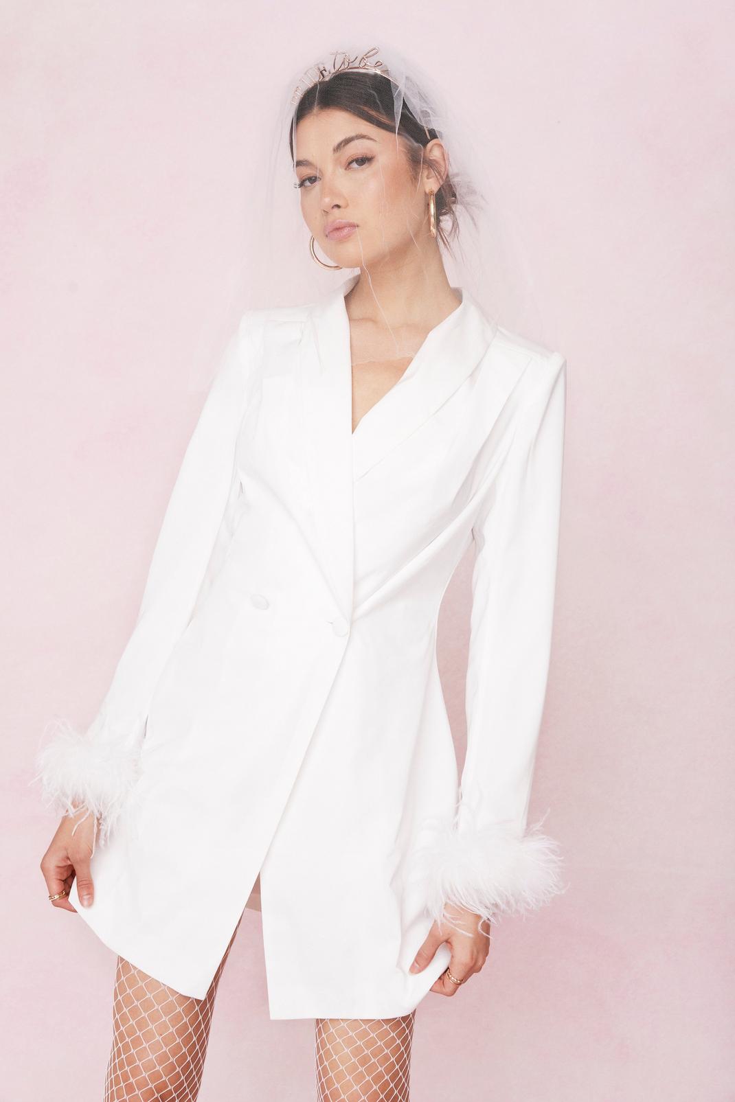 Ivory Bridal Feather Cuff Blazer Mini Dress image number 1