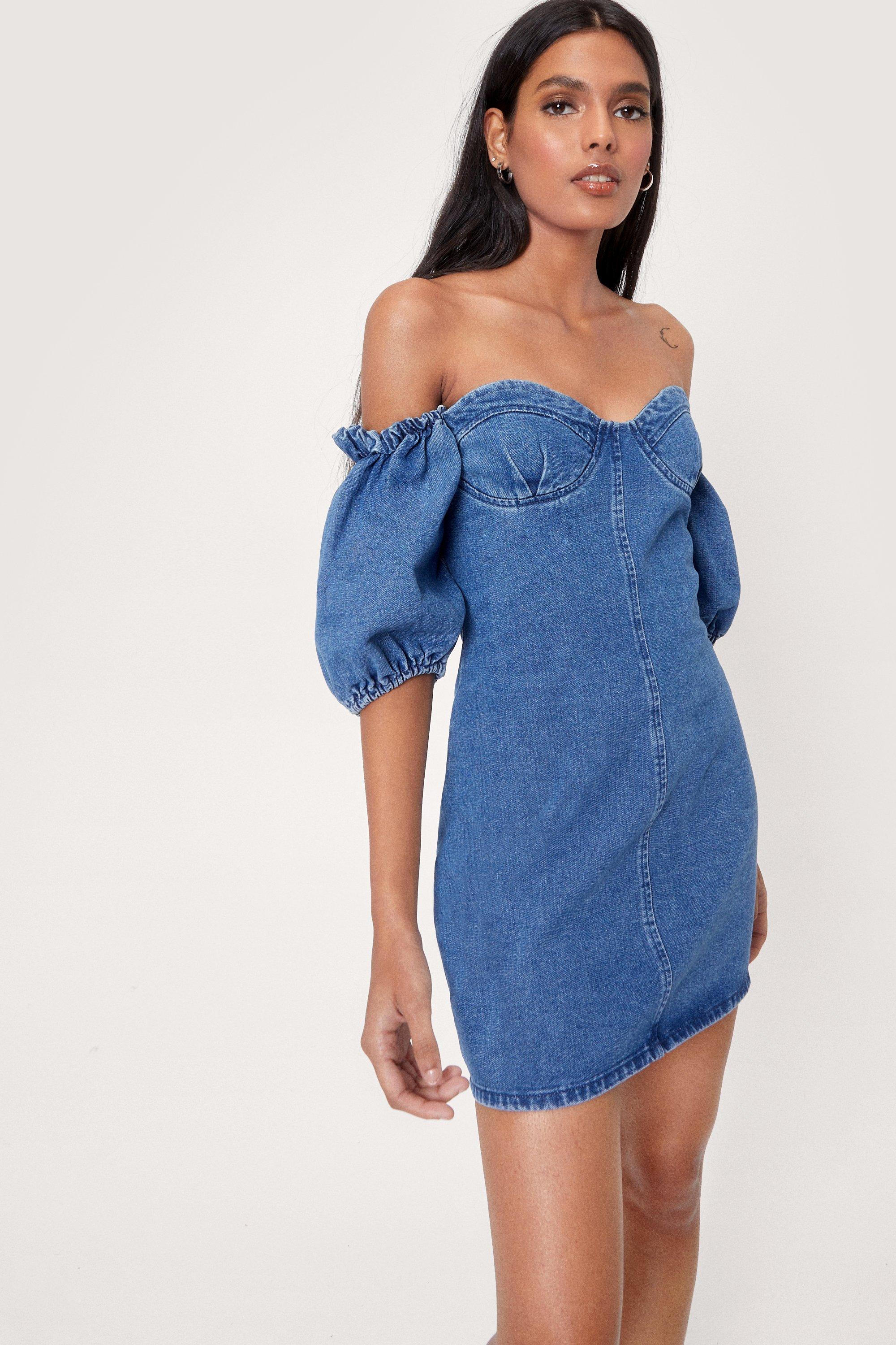 blue denim off the shoulder dress