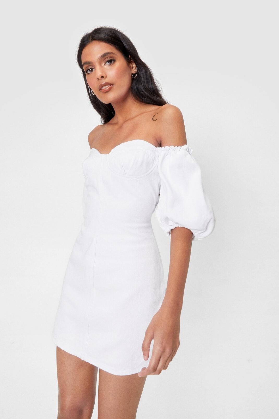 White Denim Off the Shoulder Mini Dress image number 1