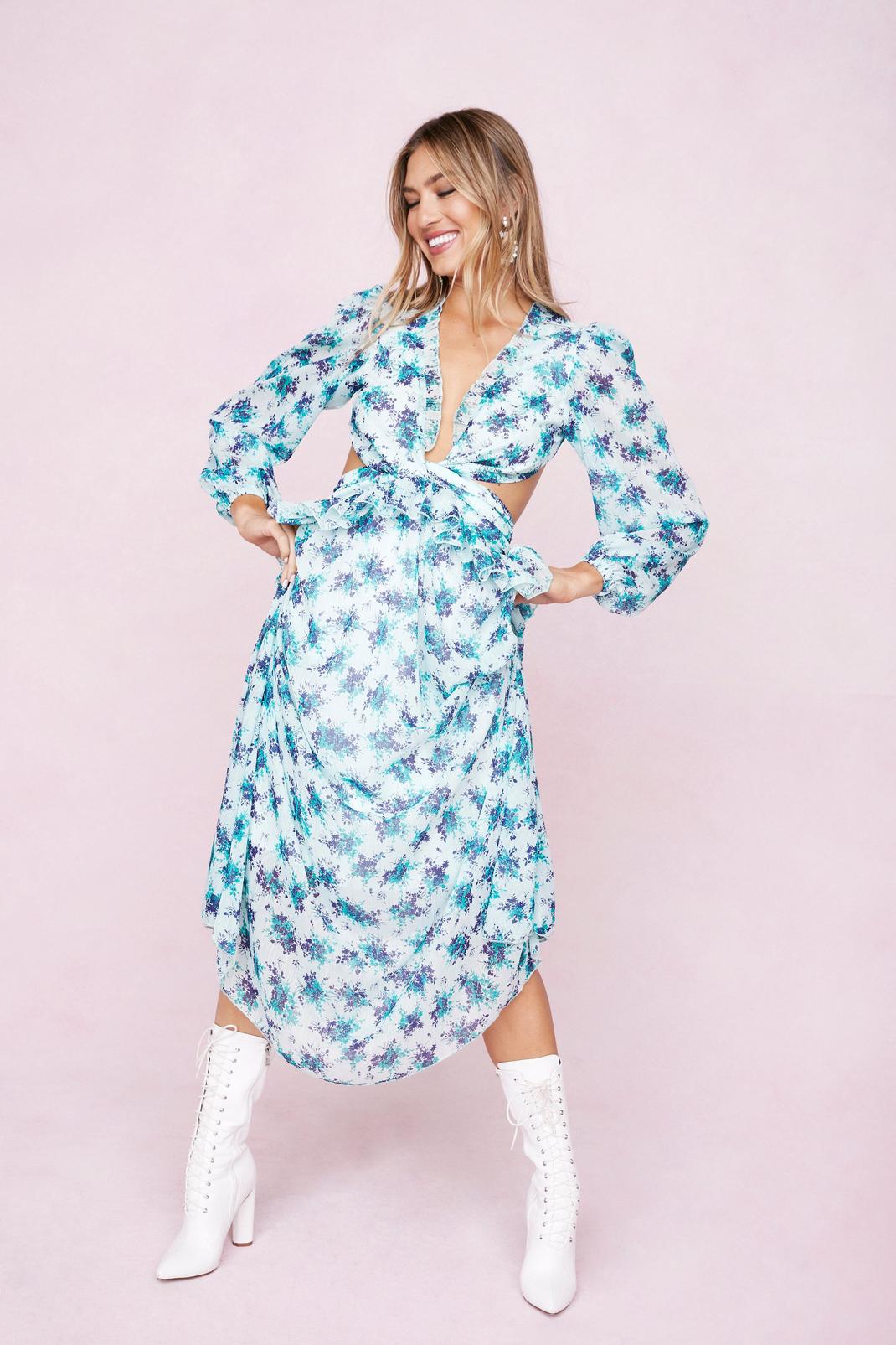 Blue Floral Print Ruffle Cut Out Midi Dress image number 1