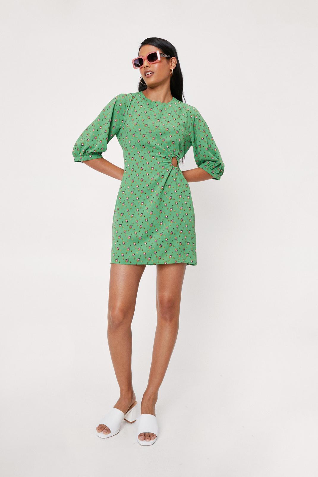 Apple green Floral Print Cut Out Puff Sleeve Mini Dress image number 1