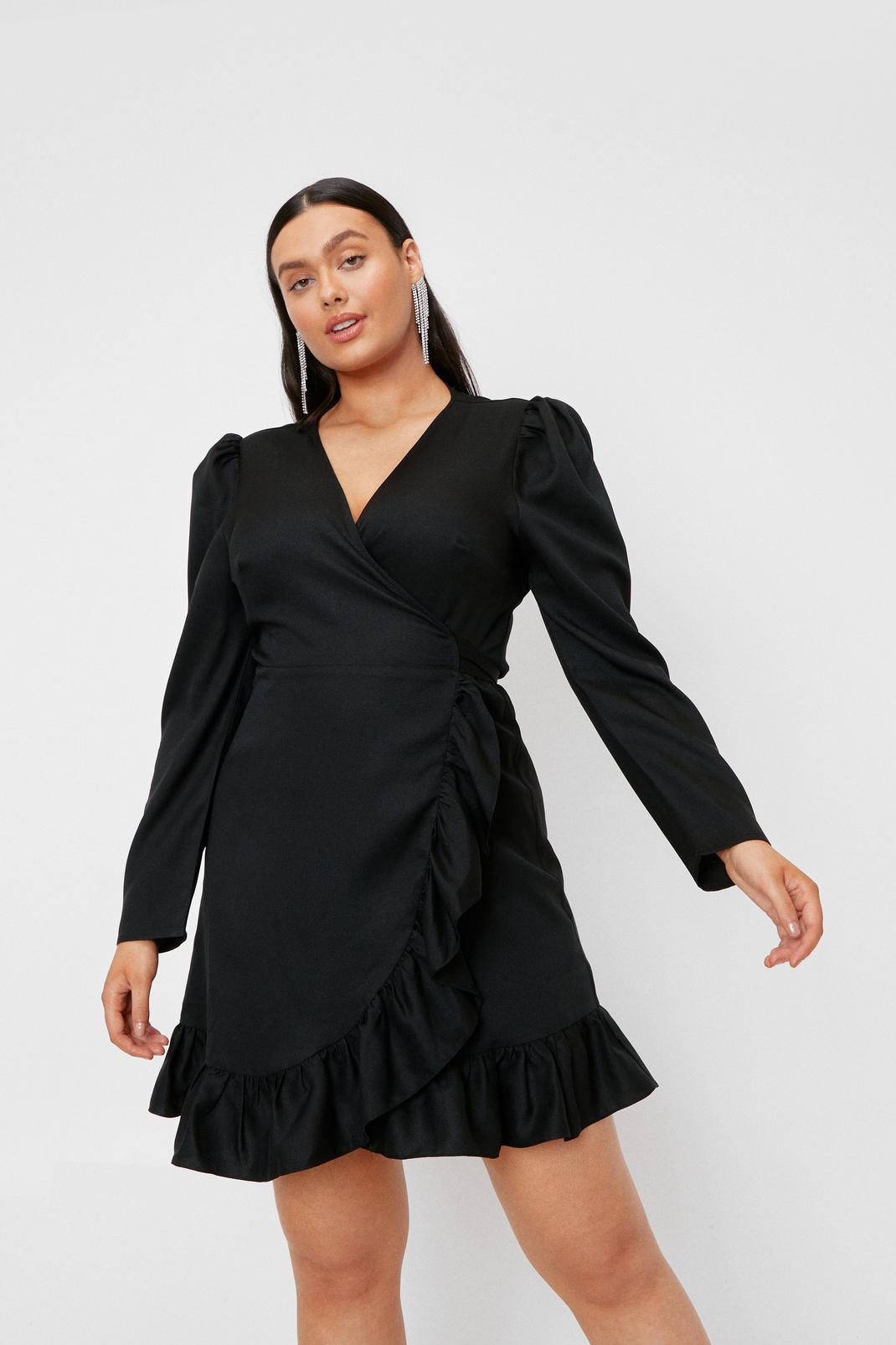 Black Plus Size Ruffle Wrap Mini Dress image number 1