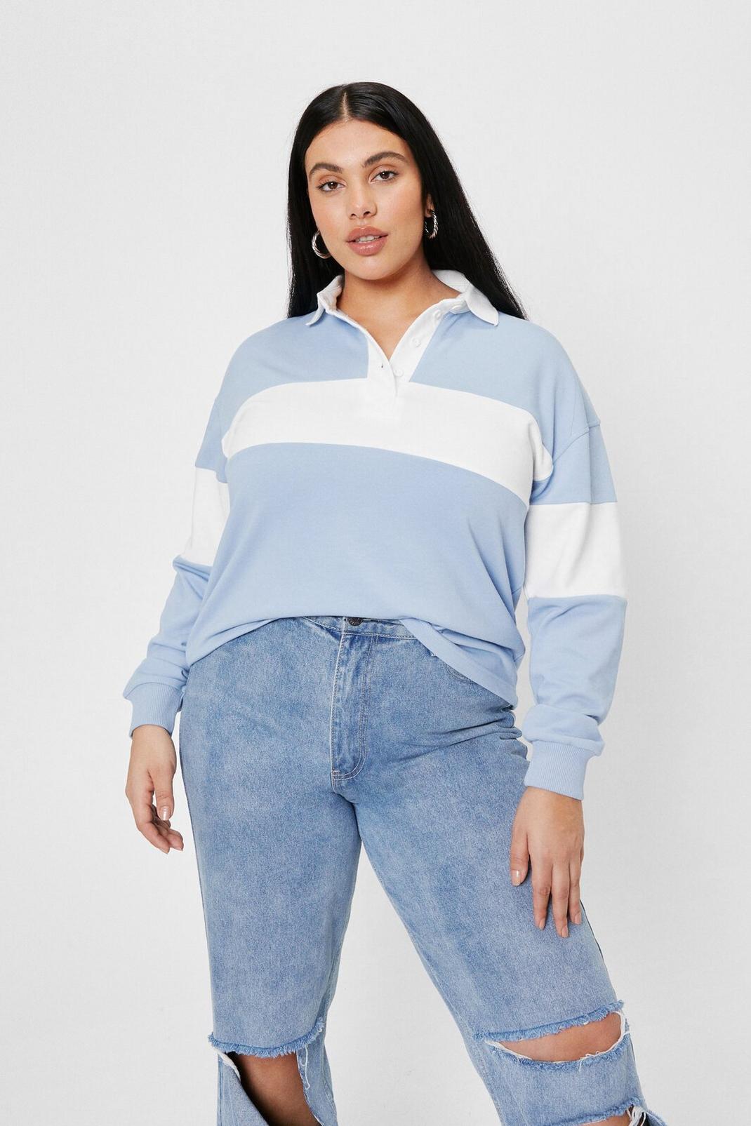 Blue Plus Size Colorblock Long Sleeve Sweatshirt image number 1