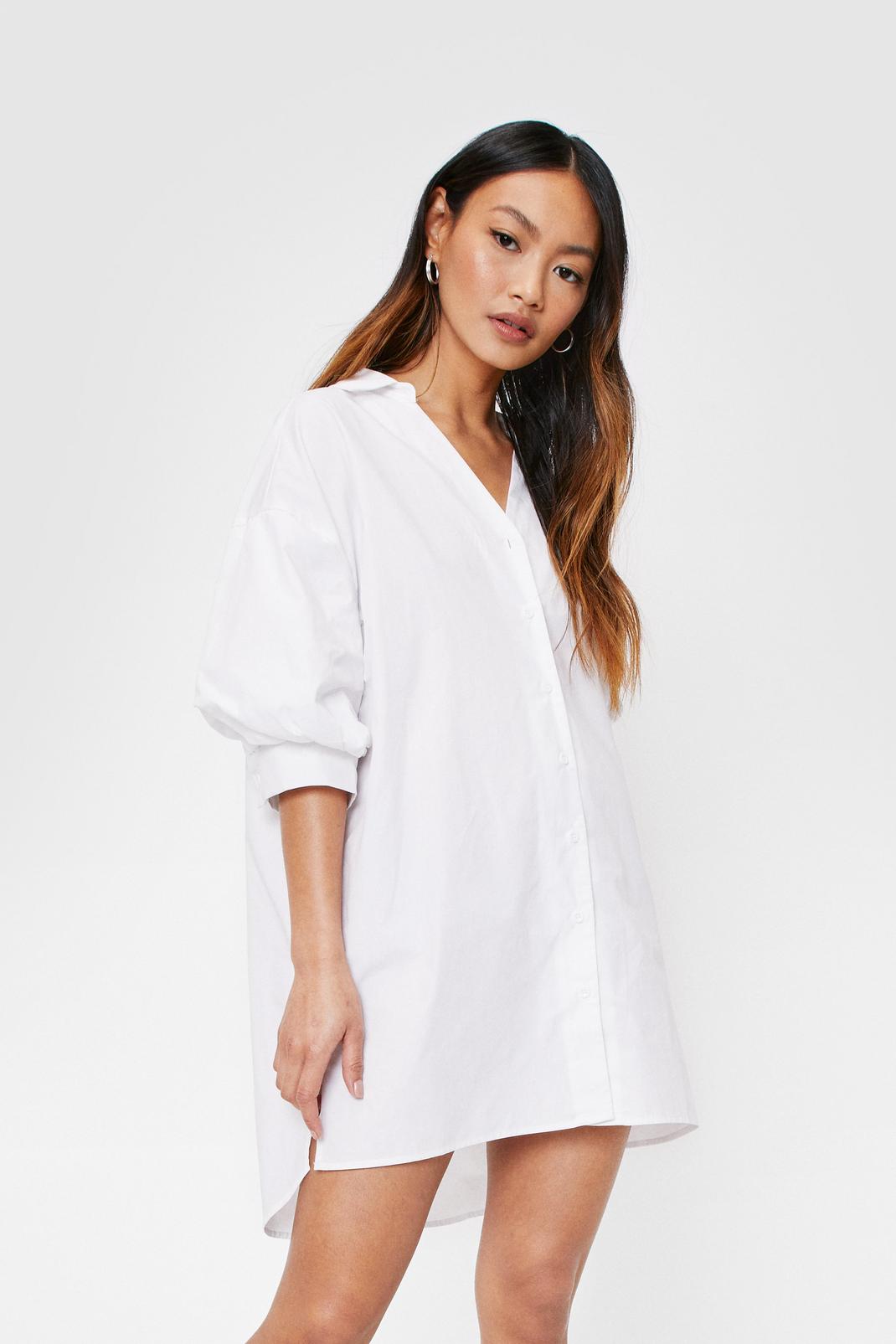 White Petite Puff Sleeve Mini Shirt Dress image number 1
