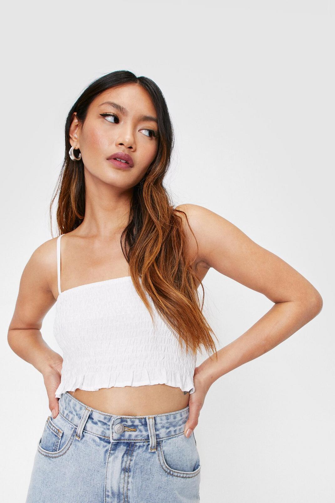 White Petite Shirred Strappy Cami Crop Top image number 1