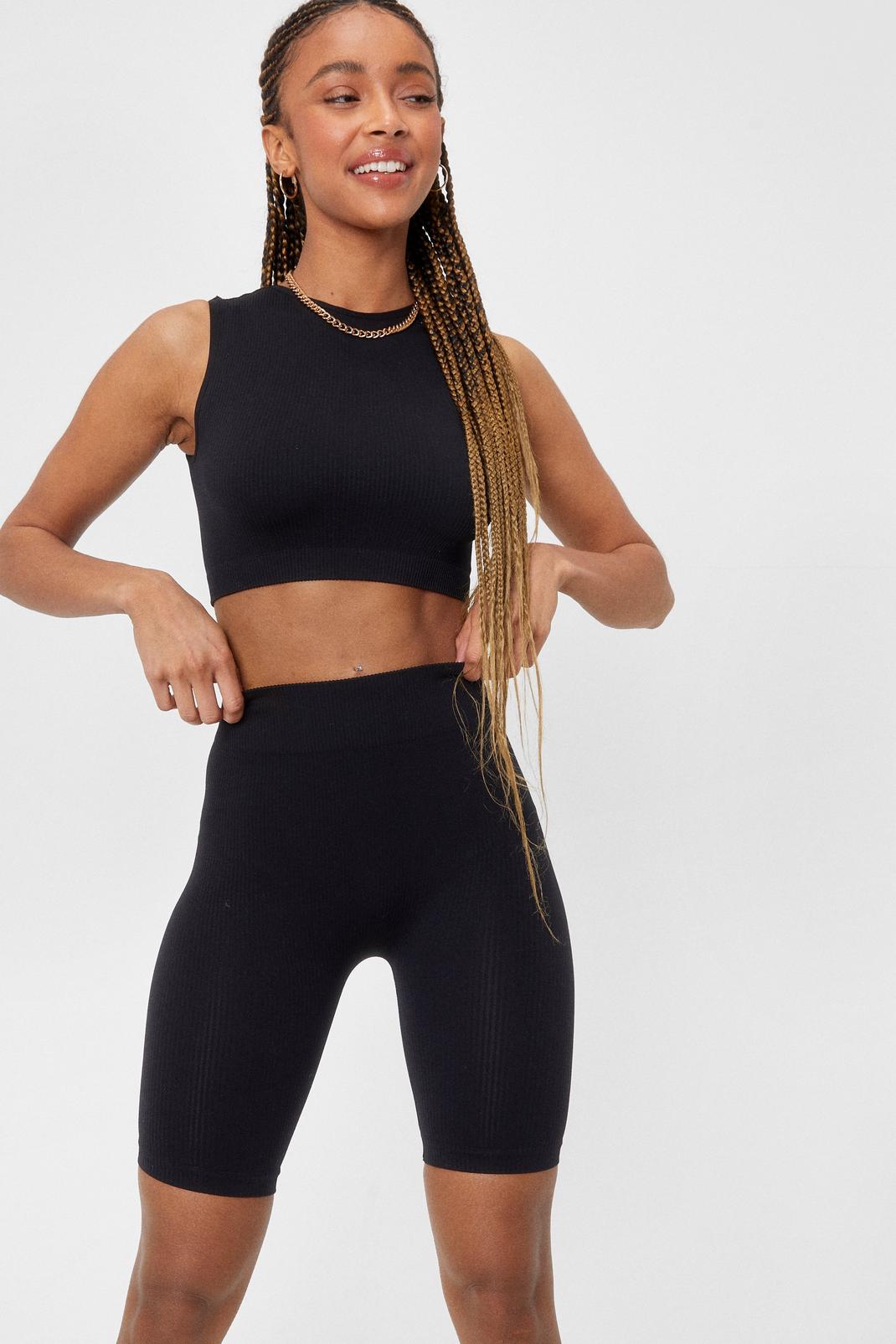 Black Ribbed Sculpted Crop Top and Cycling Shorts Co-ord Set image number 1