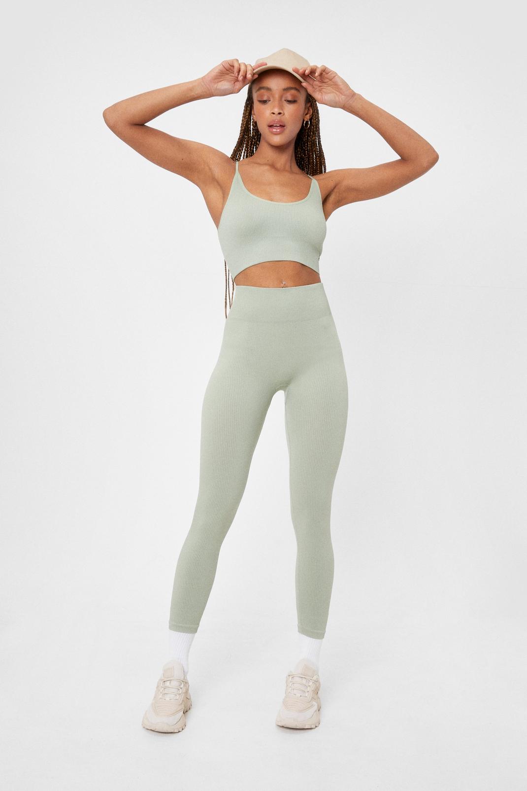 Sage Ribbed Sculpted Seamless Top and Cropped Leggings Set image number 1