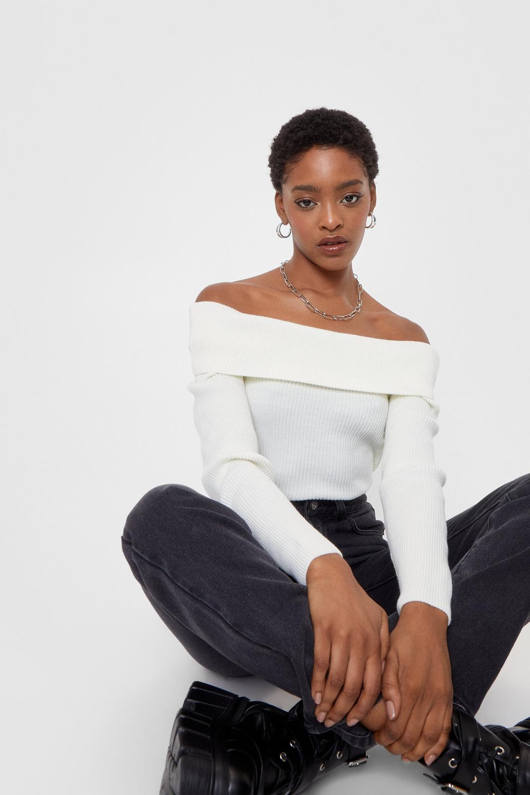 White Keep Your Hands Off-the-Shoulder Knit Top image number 1