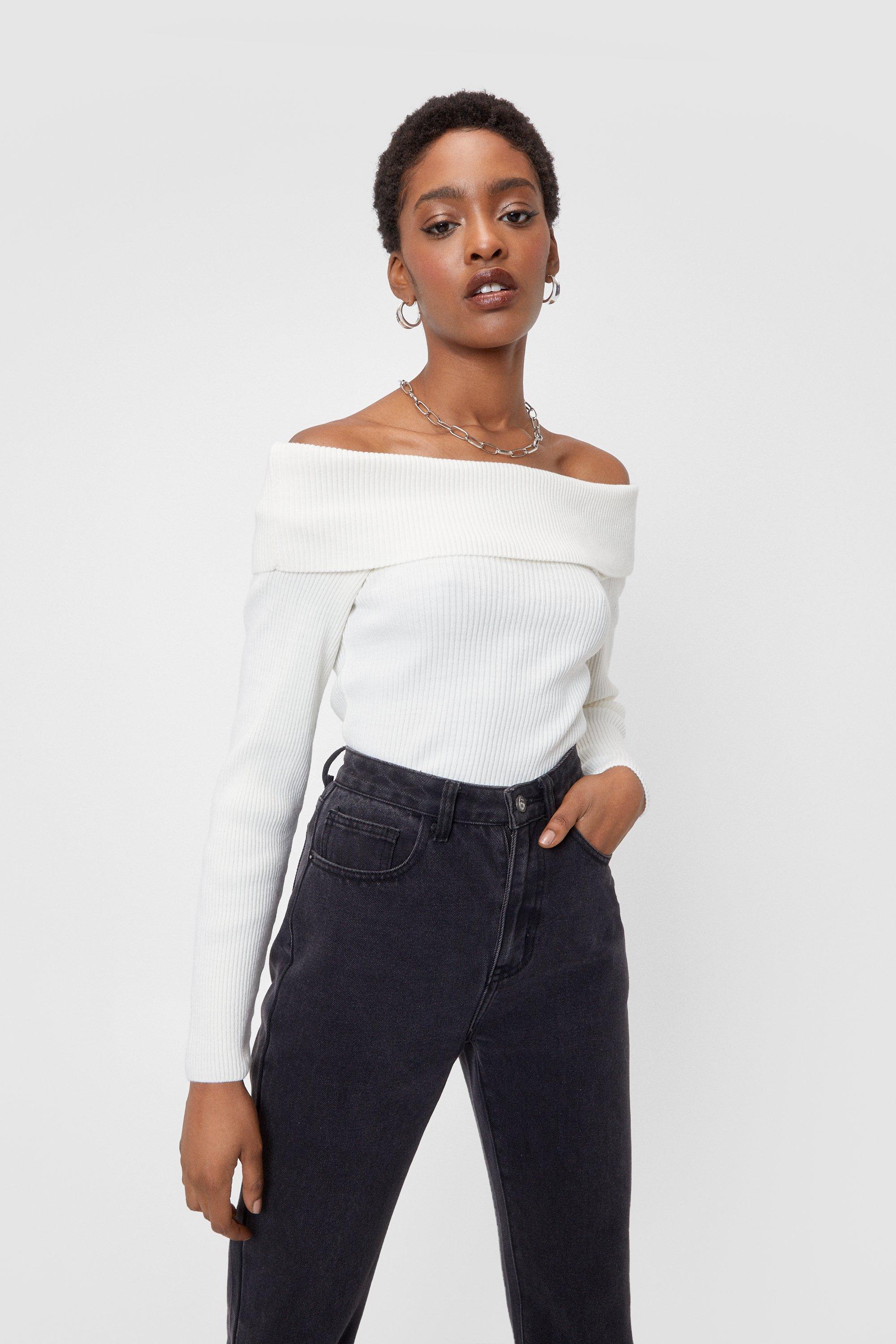 Natural Off-Shoulder Long Sleeve Knit Top