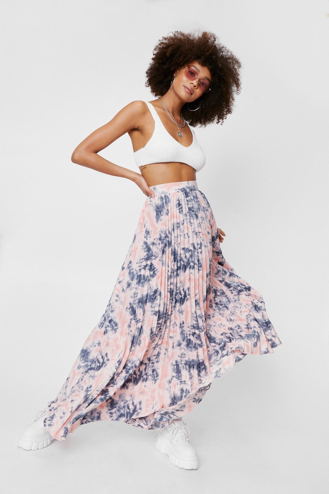 Pink Tie Dye Pleated Slit Maxi Skirt image number 1