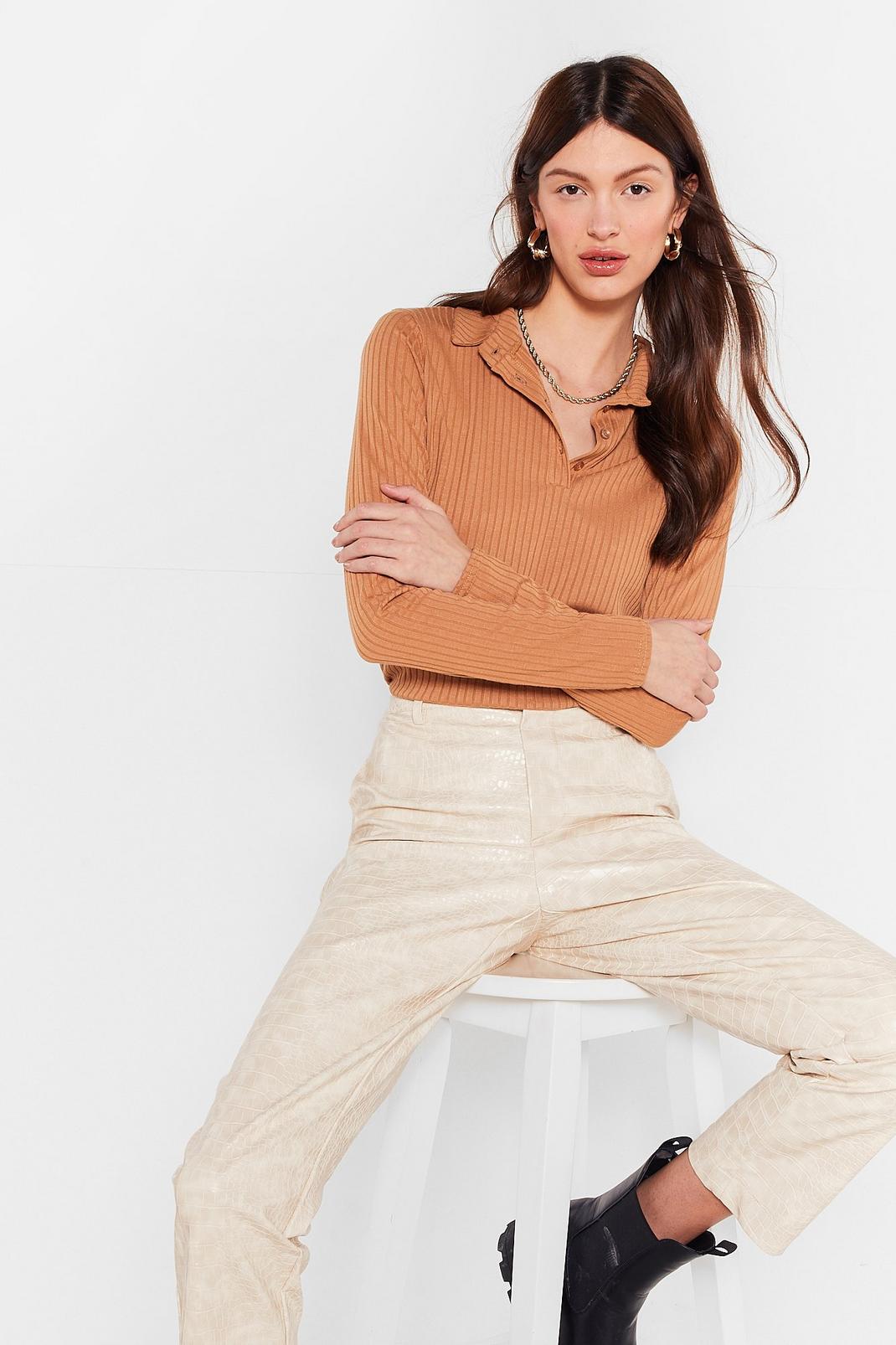 Camel Ribbed Collar Long Sleeve Top image number 1