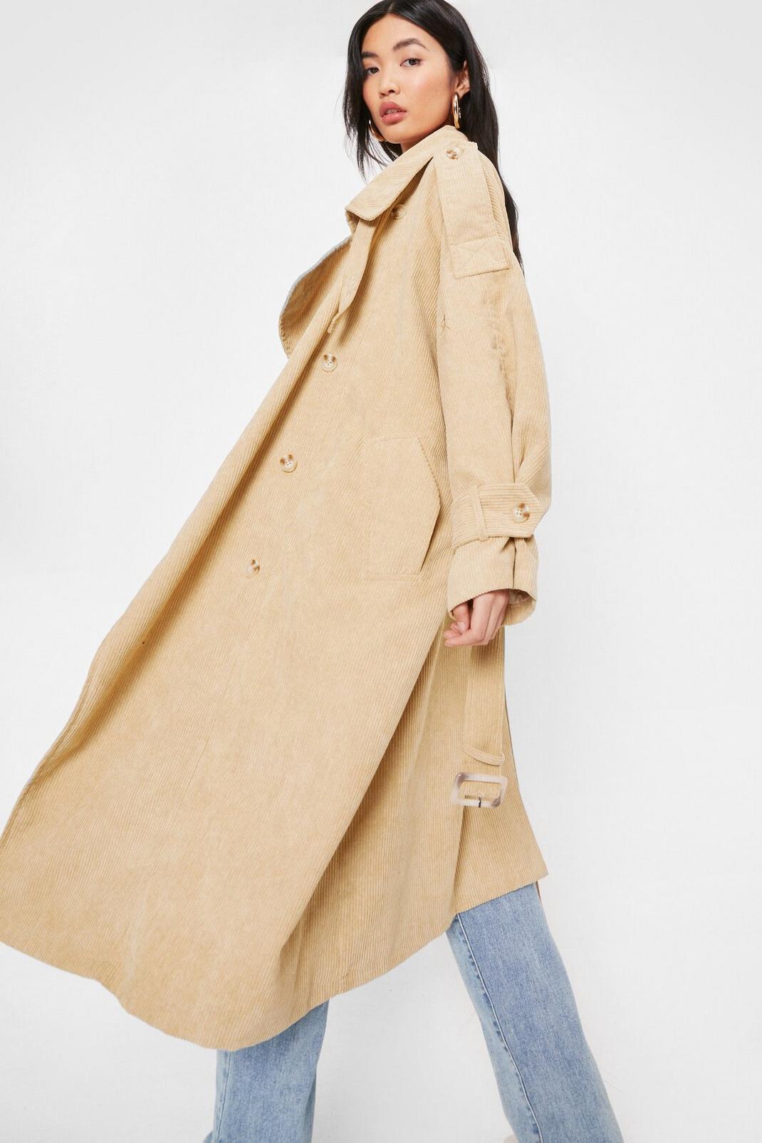 Trench-coat oversize en velours côtelé à revers crantés et poches, Stone image number 1