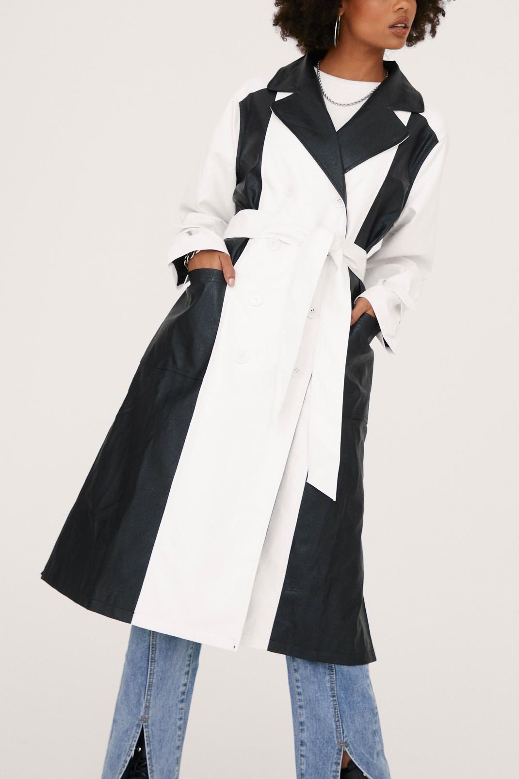 105 Two Tone Faux Leather Belted Trench Coat image number 2