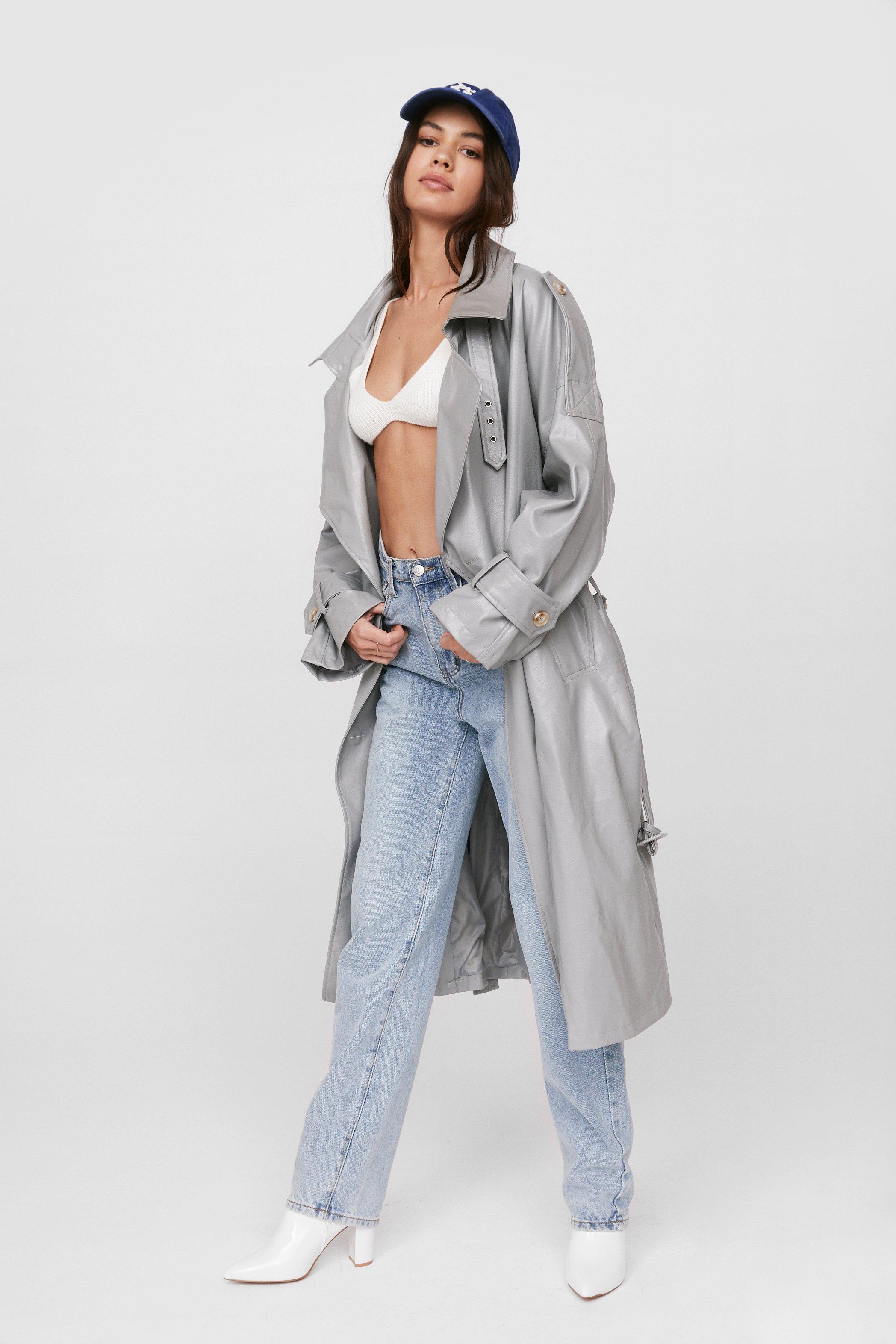 Grey leather trench on sale coat