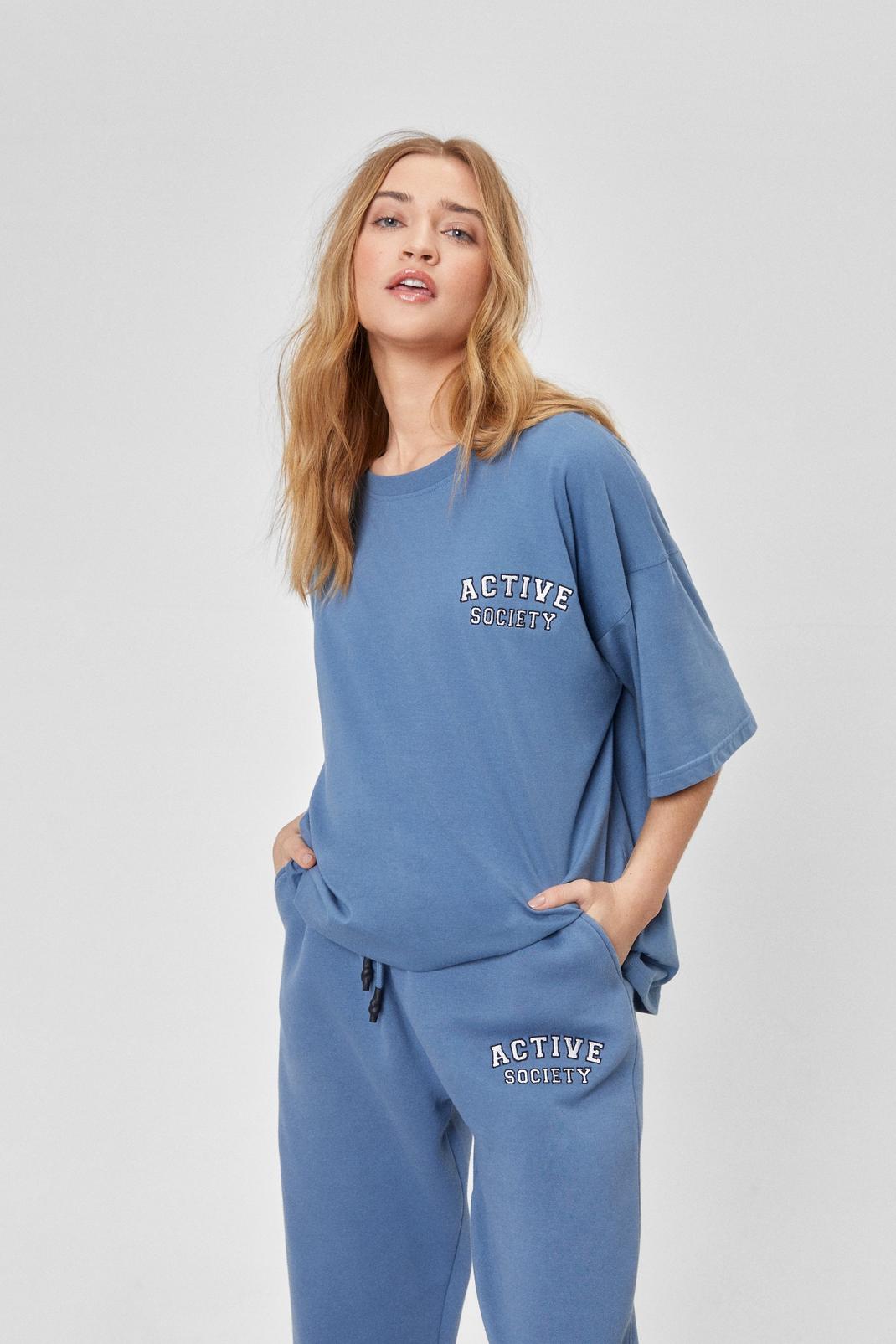 Blue Active Society Oversized Embroidered T-Shirt image number 1