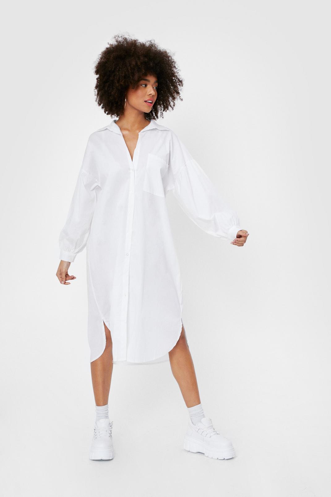 White Puff Sleeve Cotton Poplin Midi Shirt Dress image number 1
