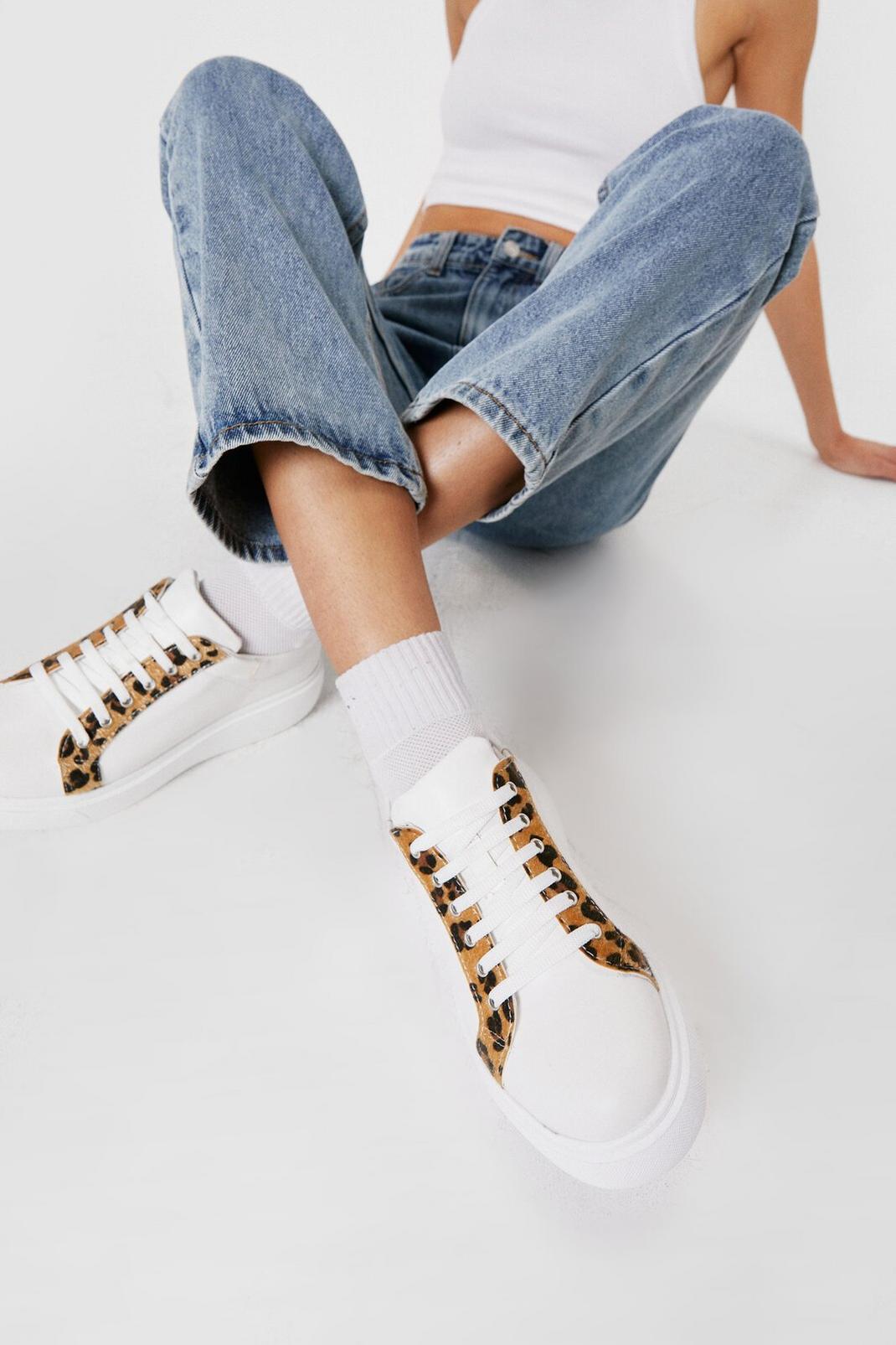 White Faux Leather Leopard Round Toe Chunky Trainers image number 1