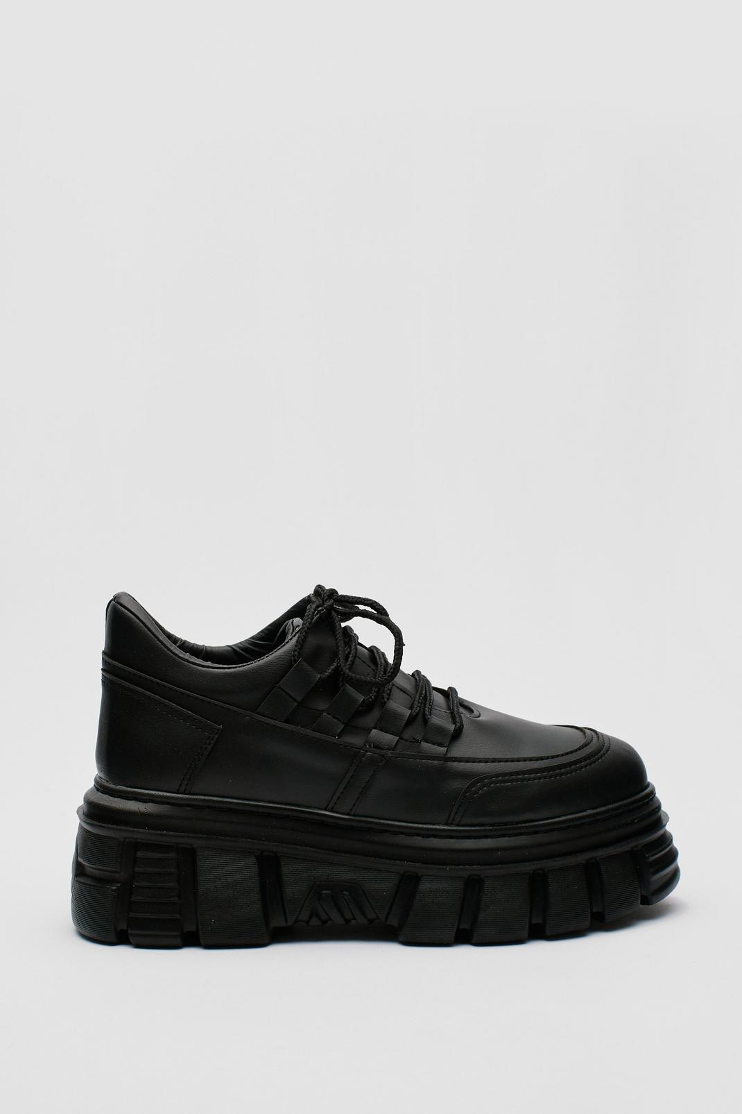 Black Faux Leather Chunky Cleated Lace Up Sneakers image number 1