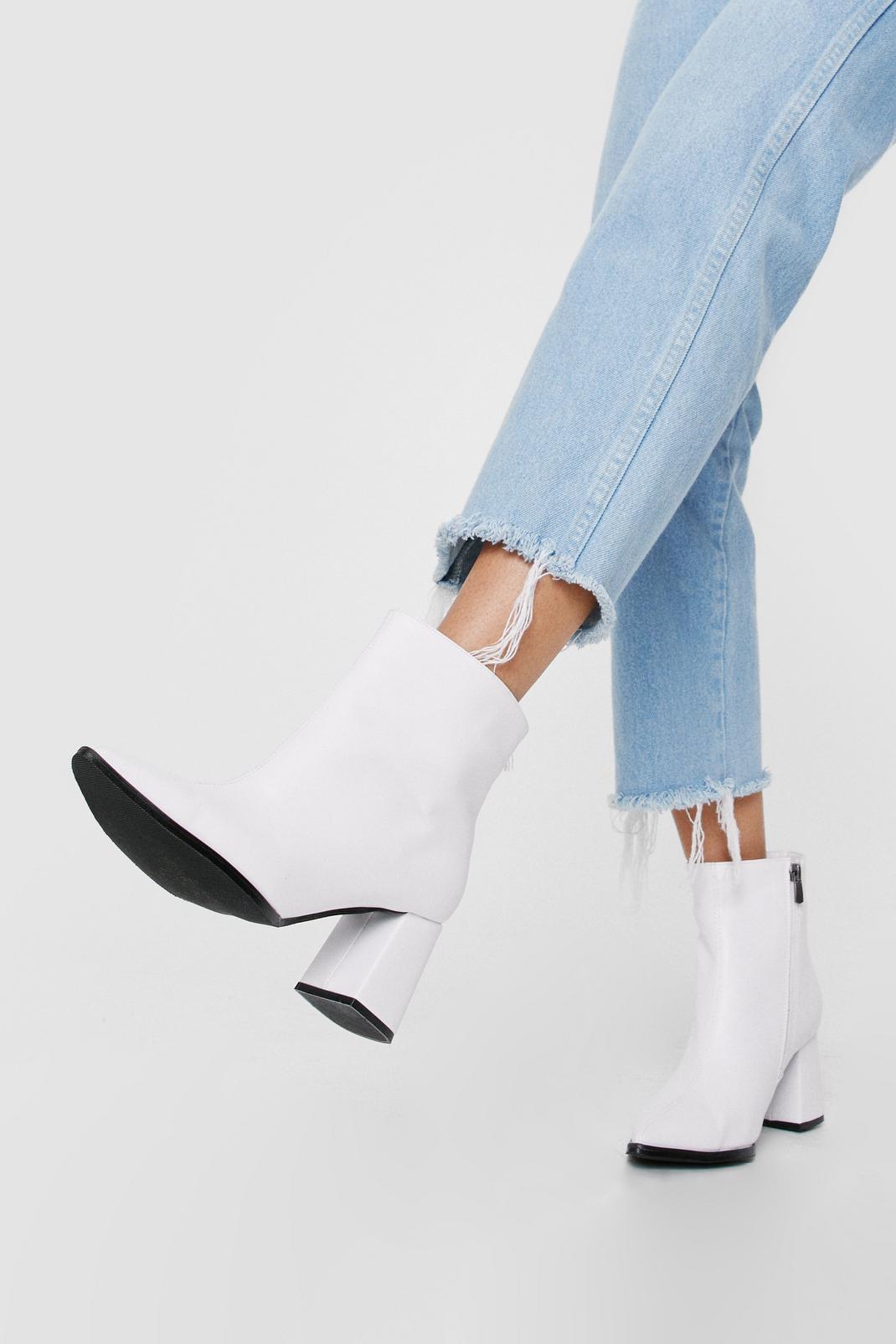 White Faux Leather Pointed Toe Block Heel Ankle Boots image number 1