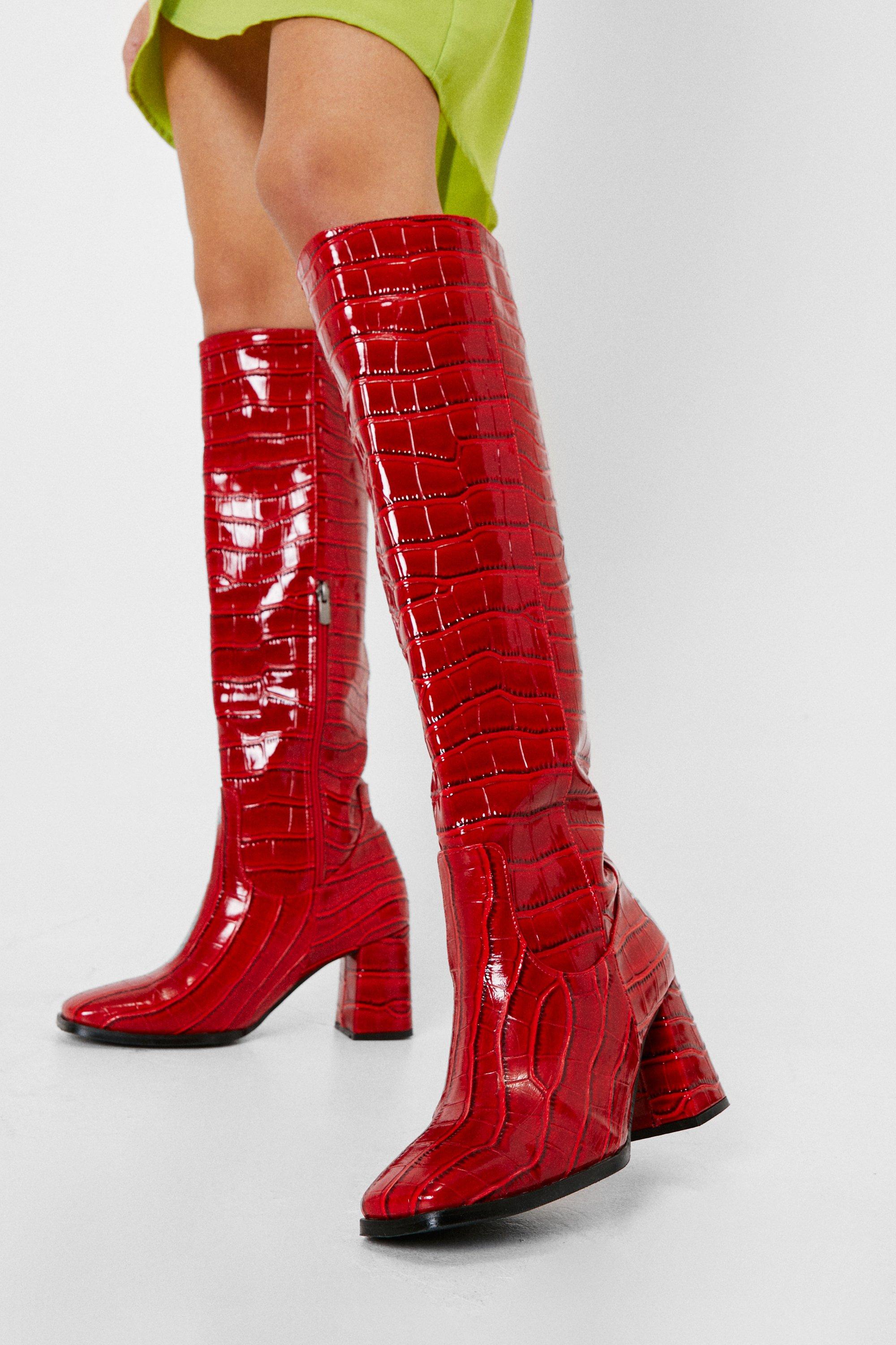 Patent Faux Leather Croc Knee High Boots