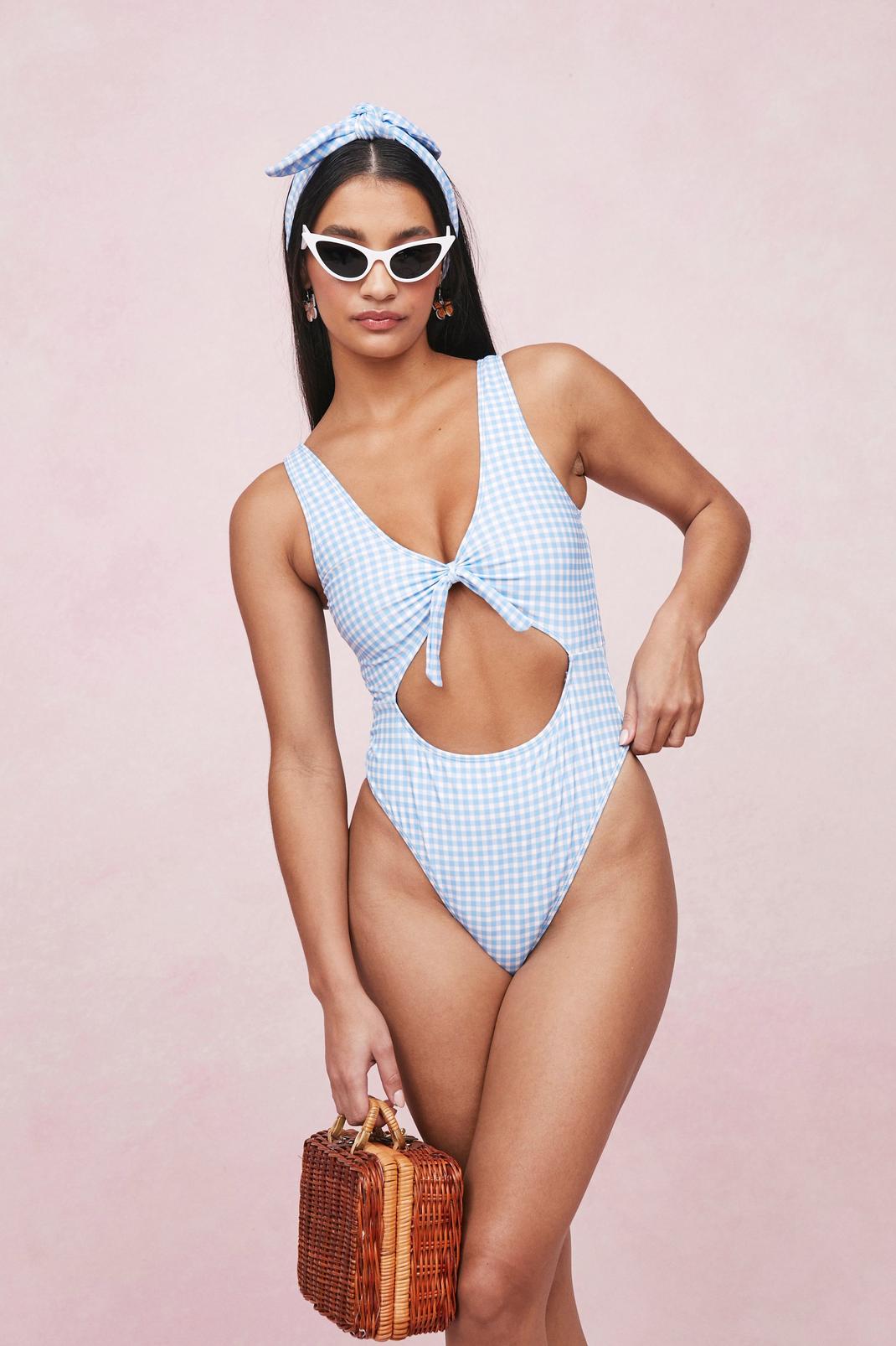 Blue Gingham Print Cut Out Swimsuit and Scrunchie Set image number 1