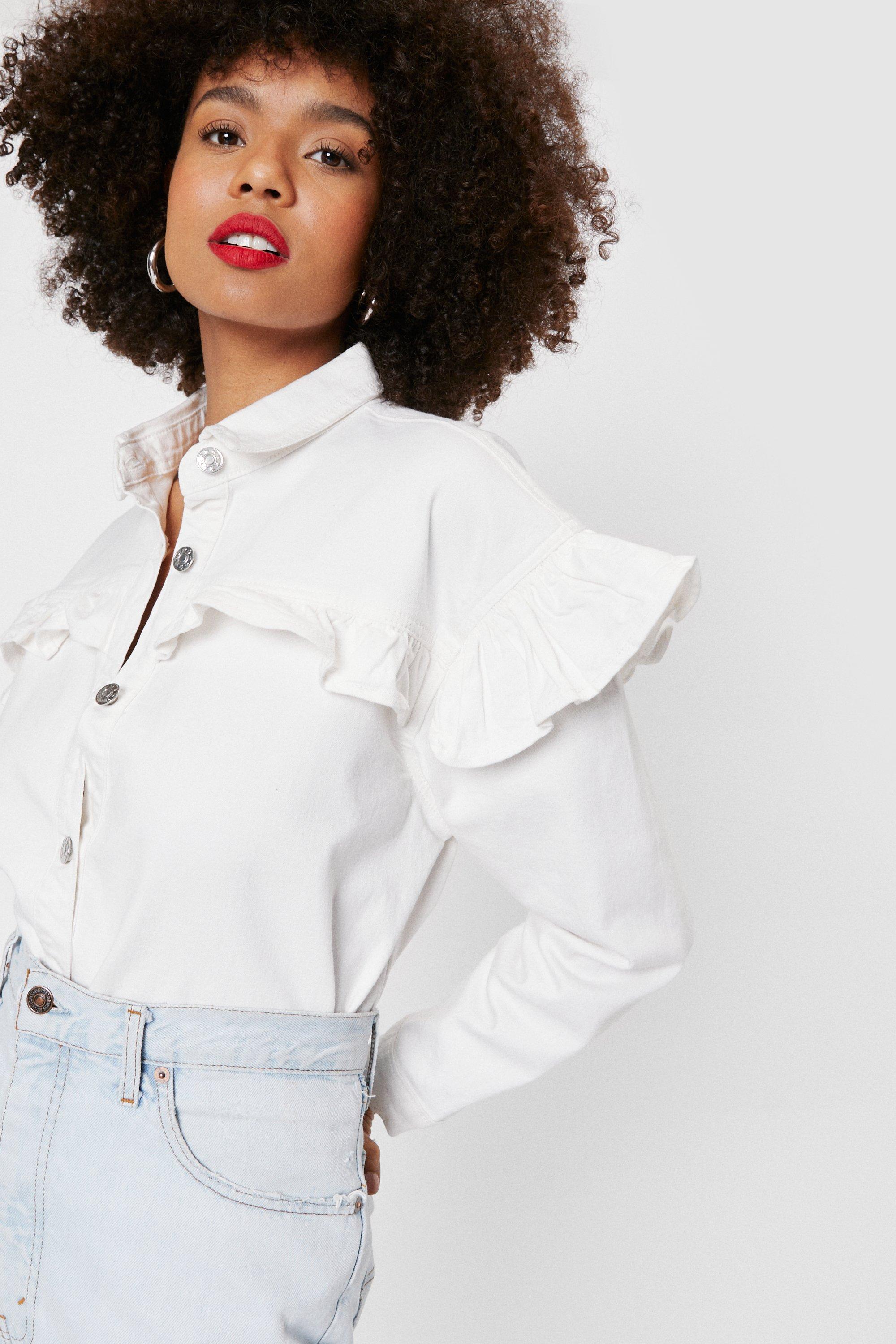 Denim ruffle best sale sleeve shirt