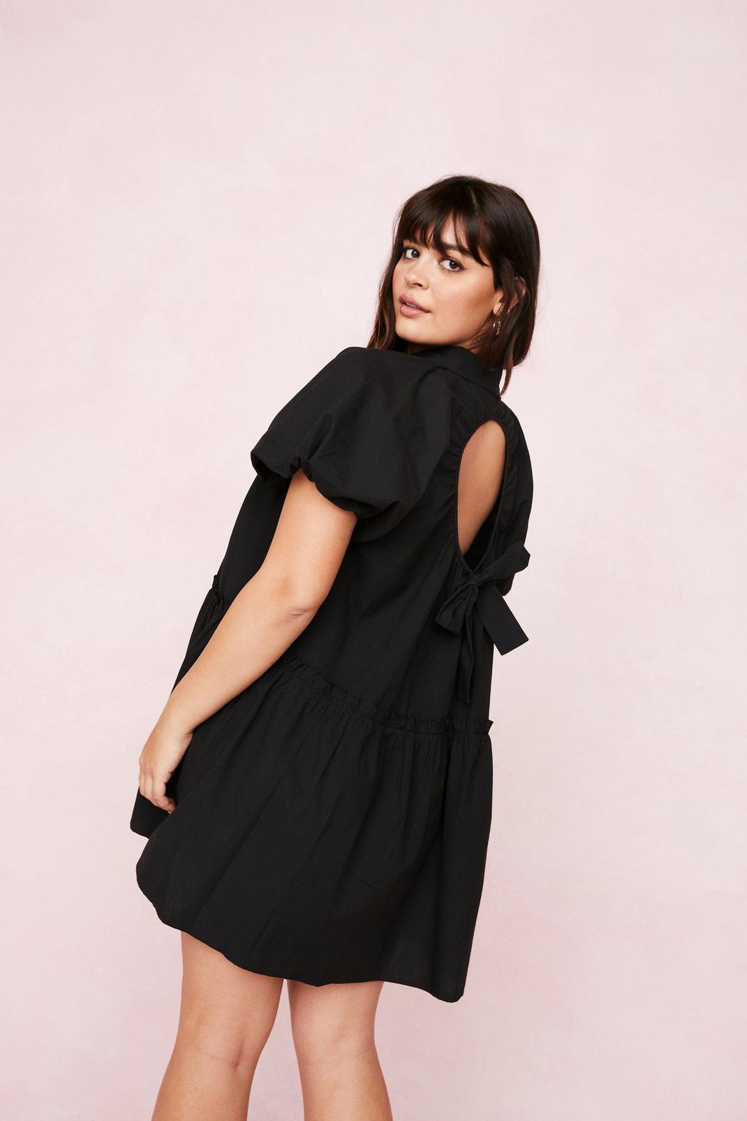 Black Plus Size Puff Sleeve Open Back Mini Dress image number 1
