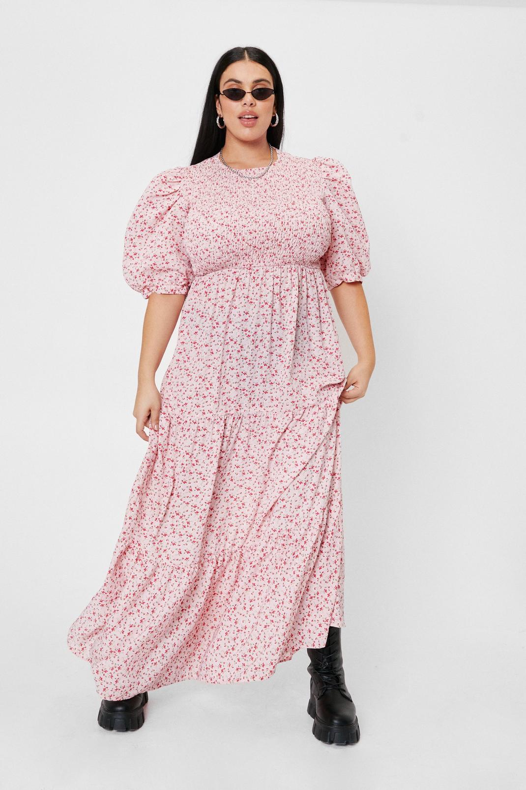 Pink Plus Size Floral Print Puff Sleeve Maxi Dress image number 1