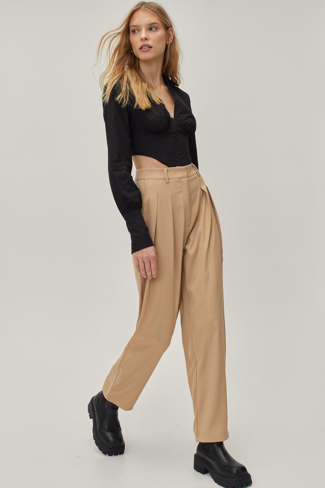Beige Pleated Tailored High Waisted Wide Leg Pants image number 1
