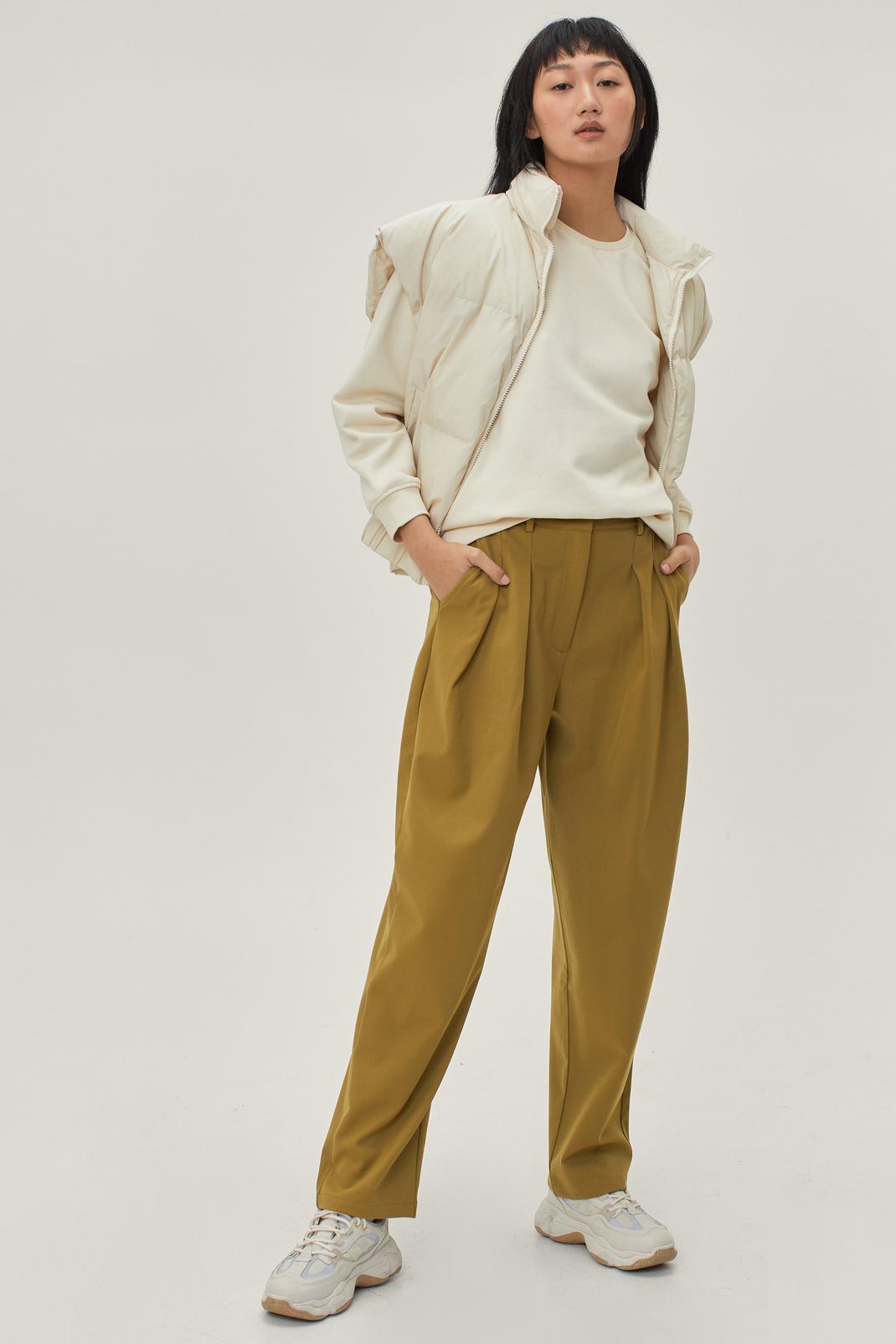 Pantalon large taille haute à détails plissés, Khaki image number 1