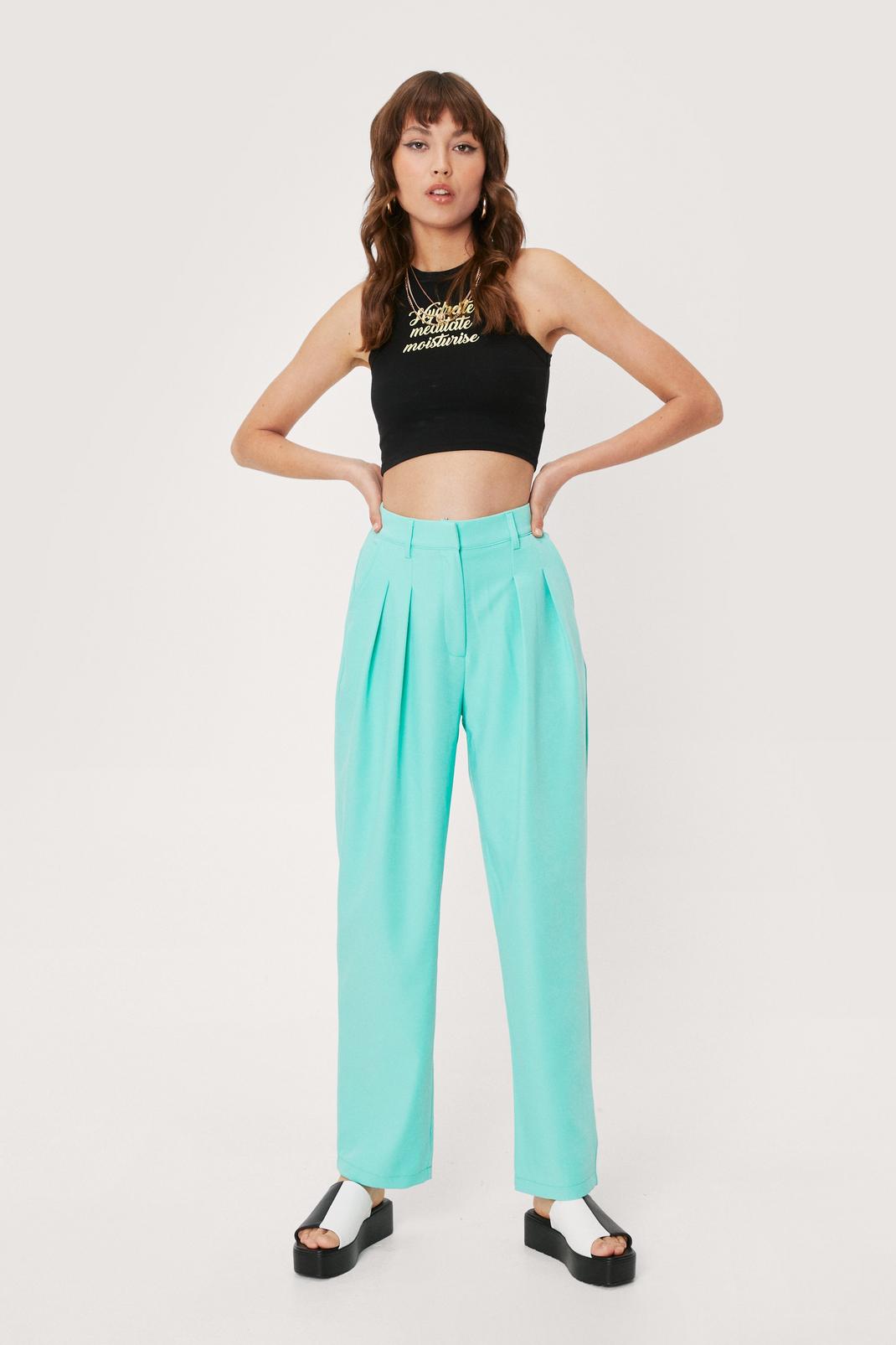 Pantalon large taille haute à détails plissés, Turquoise image number 1