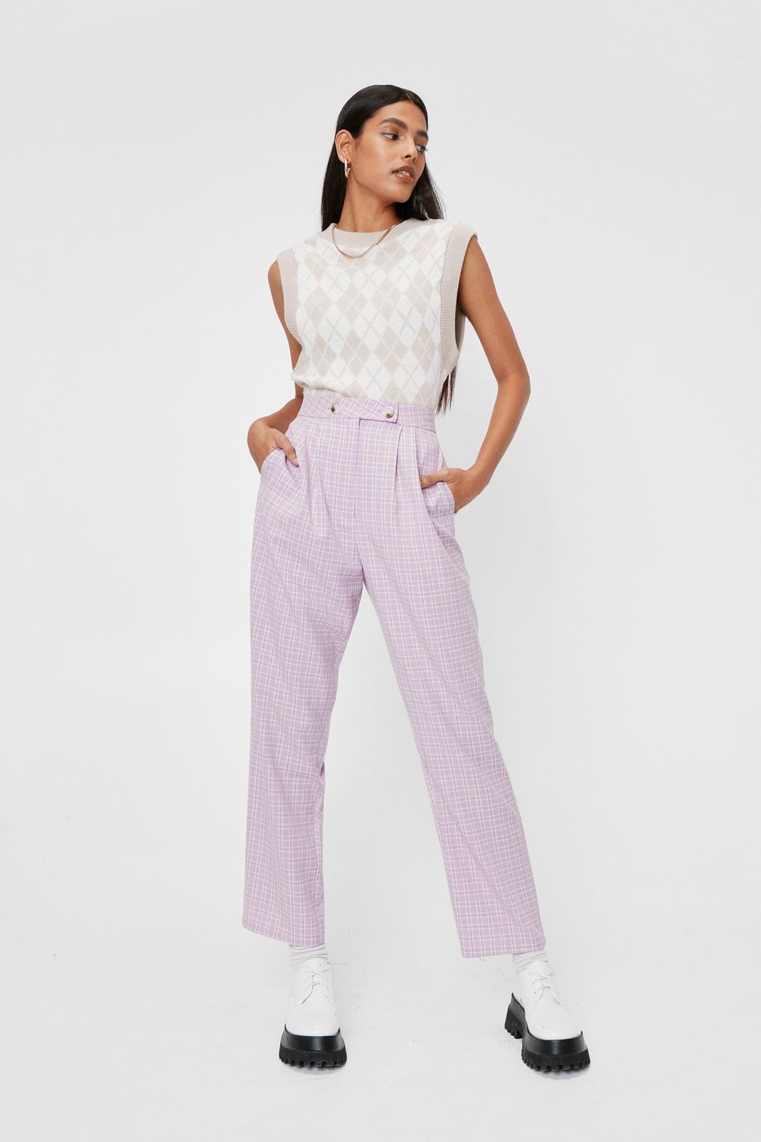 Lilac Check Print High Waisted Tapered Pants image number 1