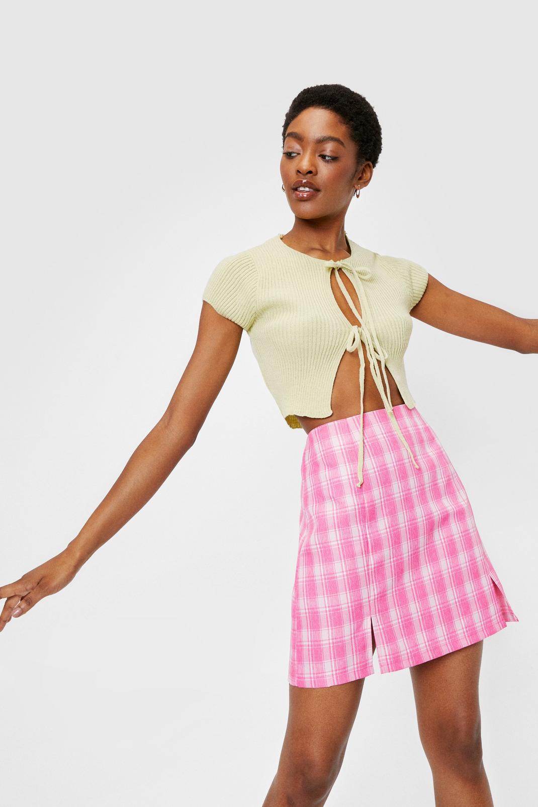 Candy pink High Waisted Check Slit Mini Skirt image number 1