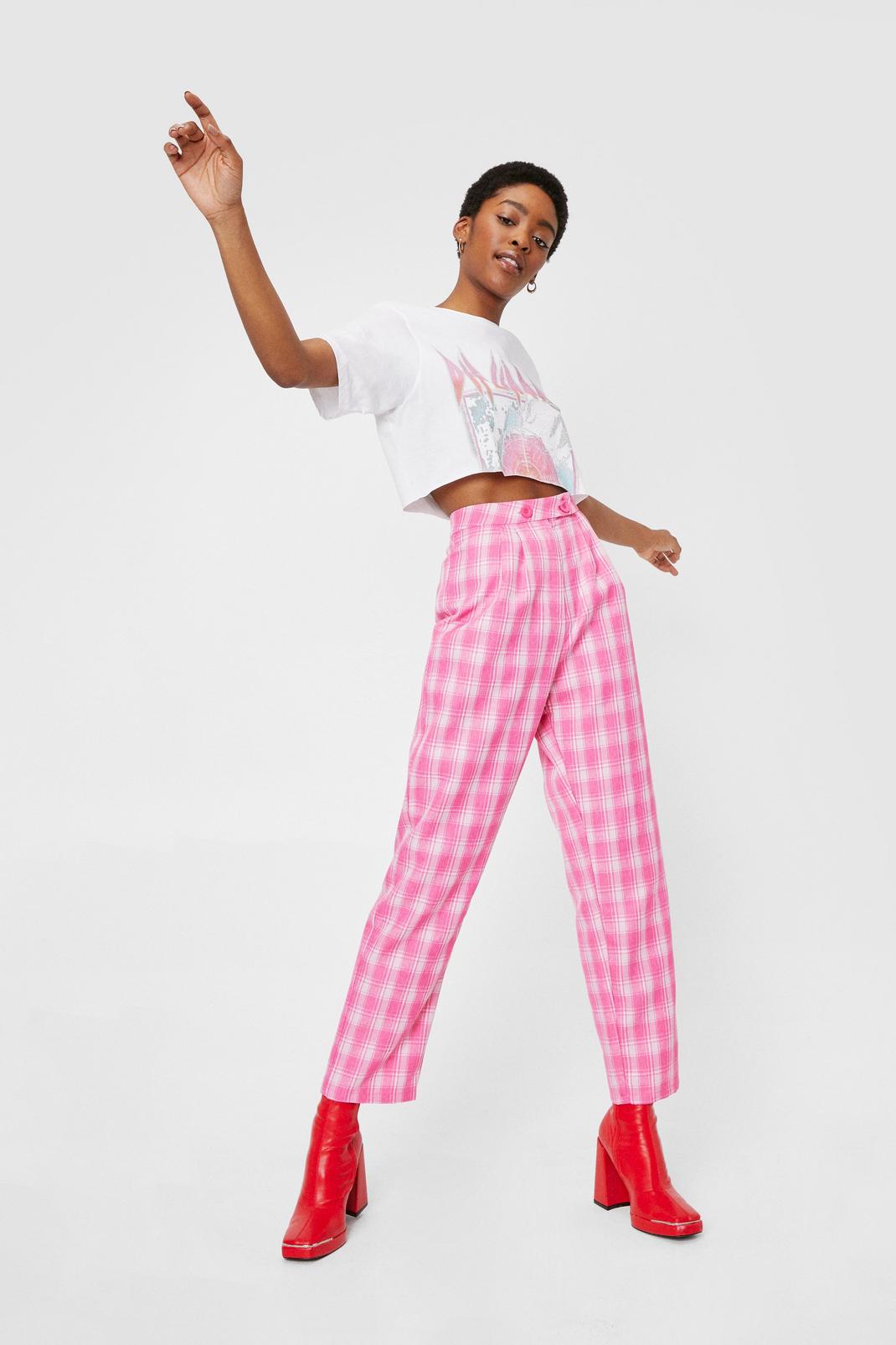 Pantalon court large à taille haute et carreaux, Candy pink image number 1