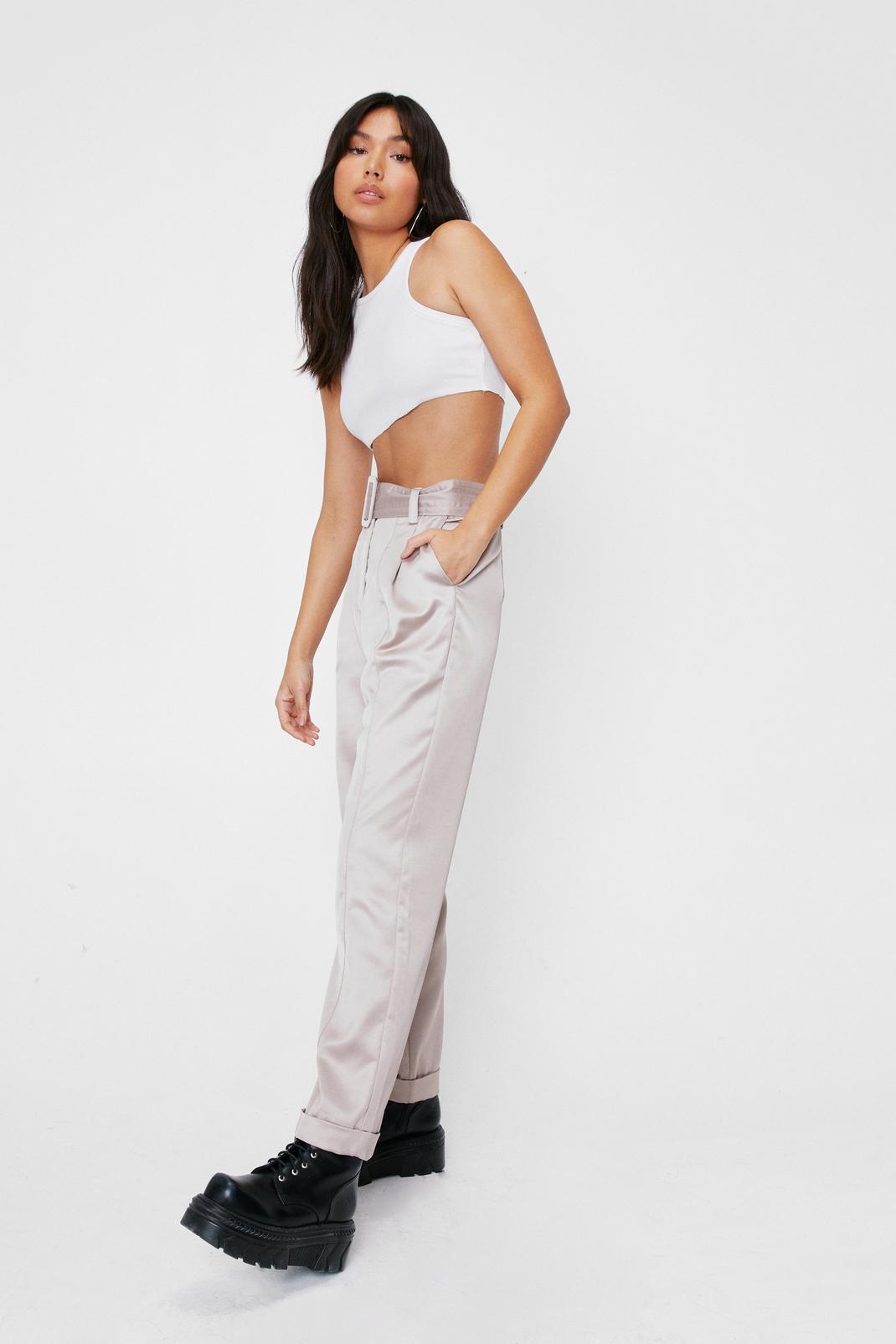 Light grey Satin High Waisted Belted Trousers image number 1