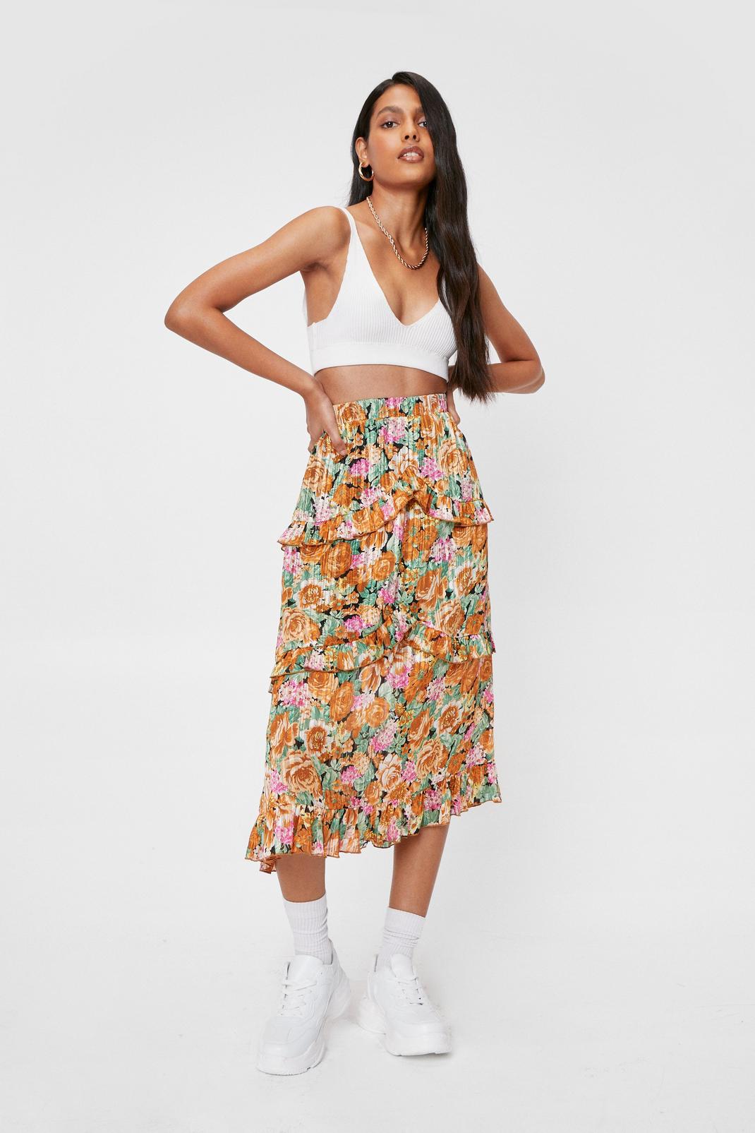 Multi Floral Pleated Ruffle Midi Skirt image number 1