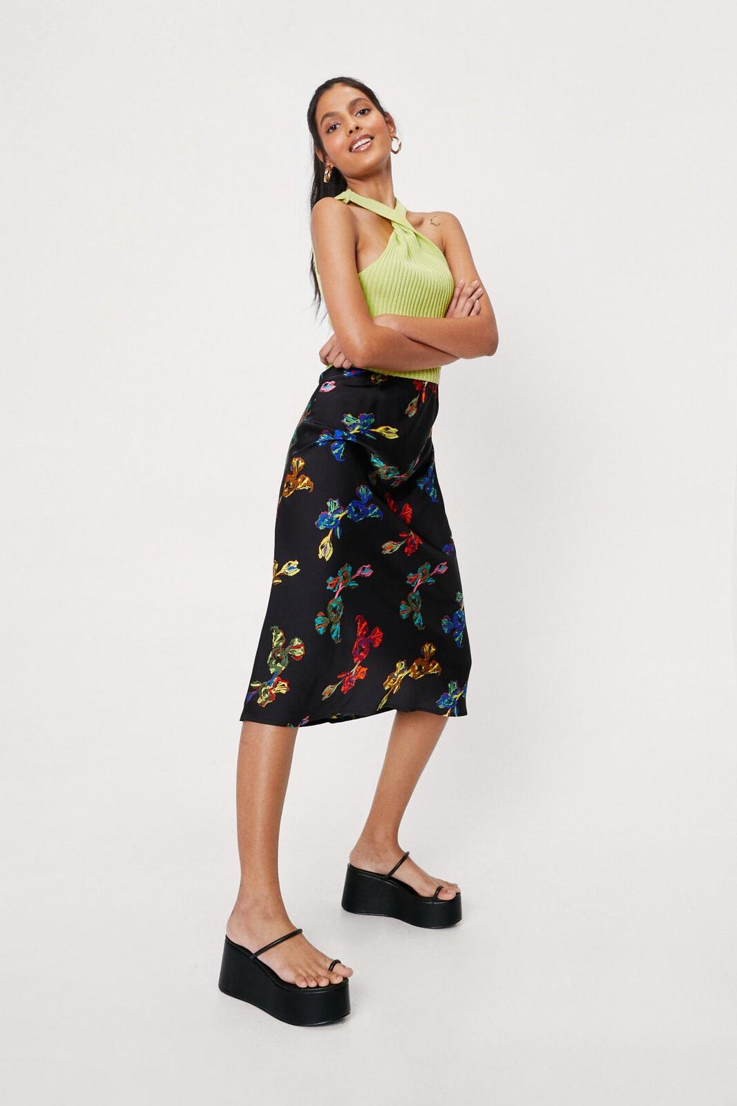 Multi Satin Floral Print Bias Cut Midi Skirt image number 1