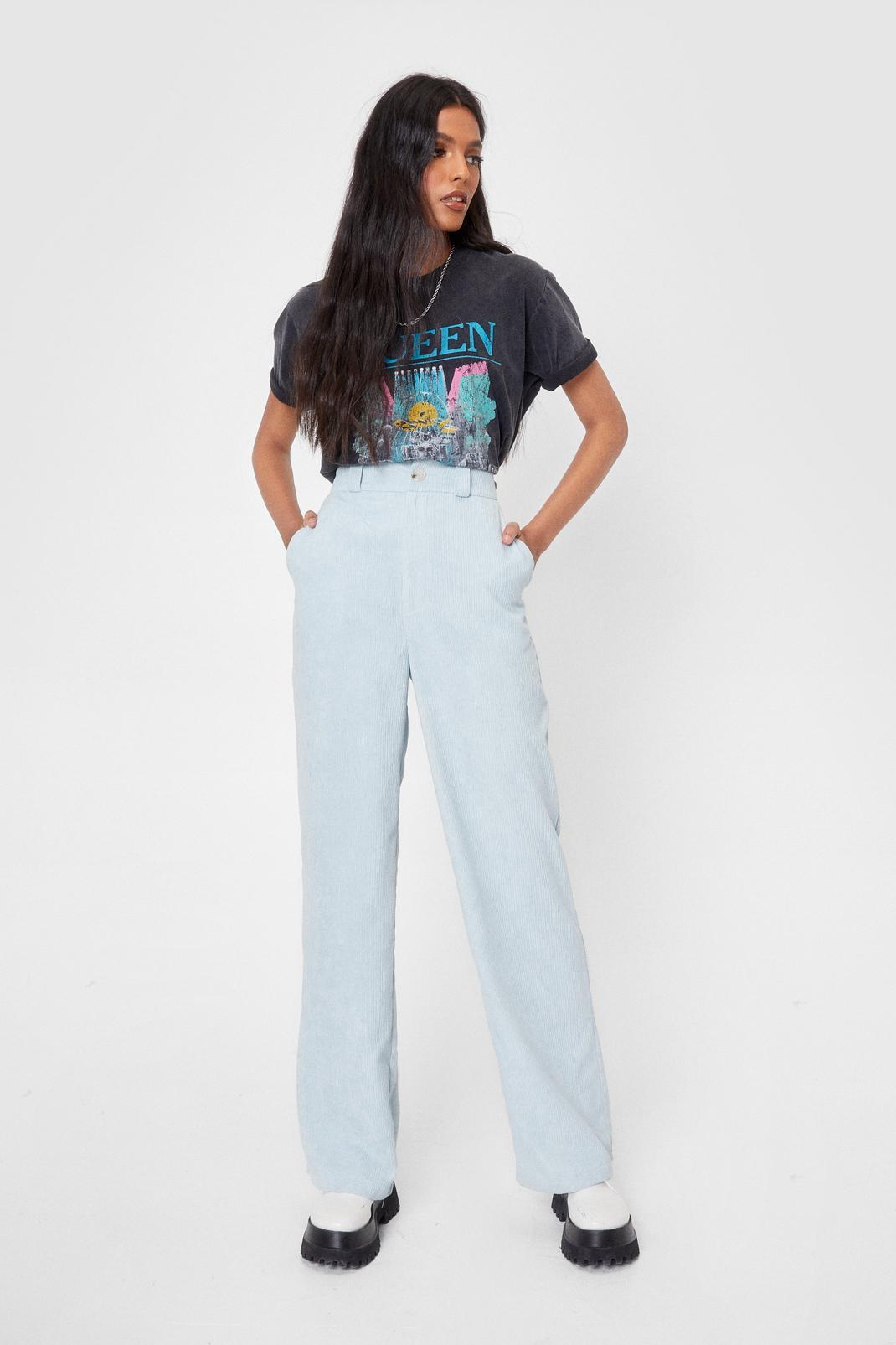 Baby blue High Waisted Corduroy Straight Leg Trousers image number 1